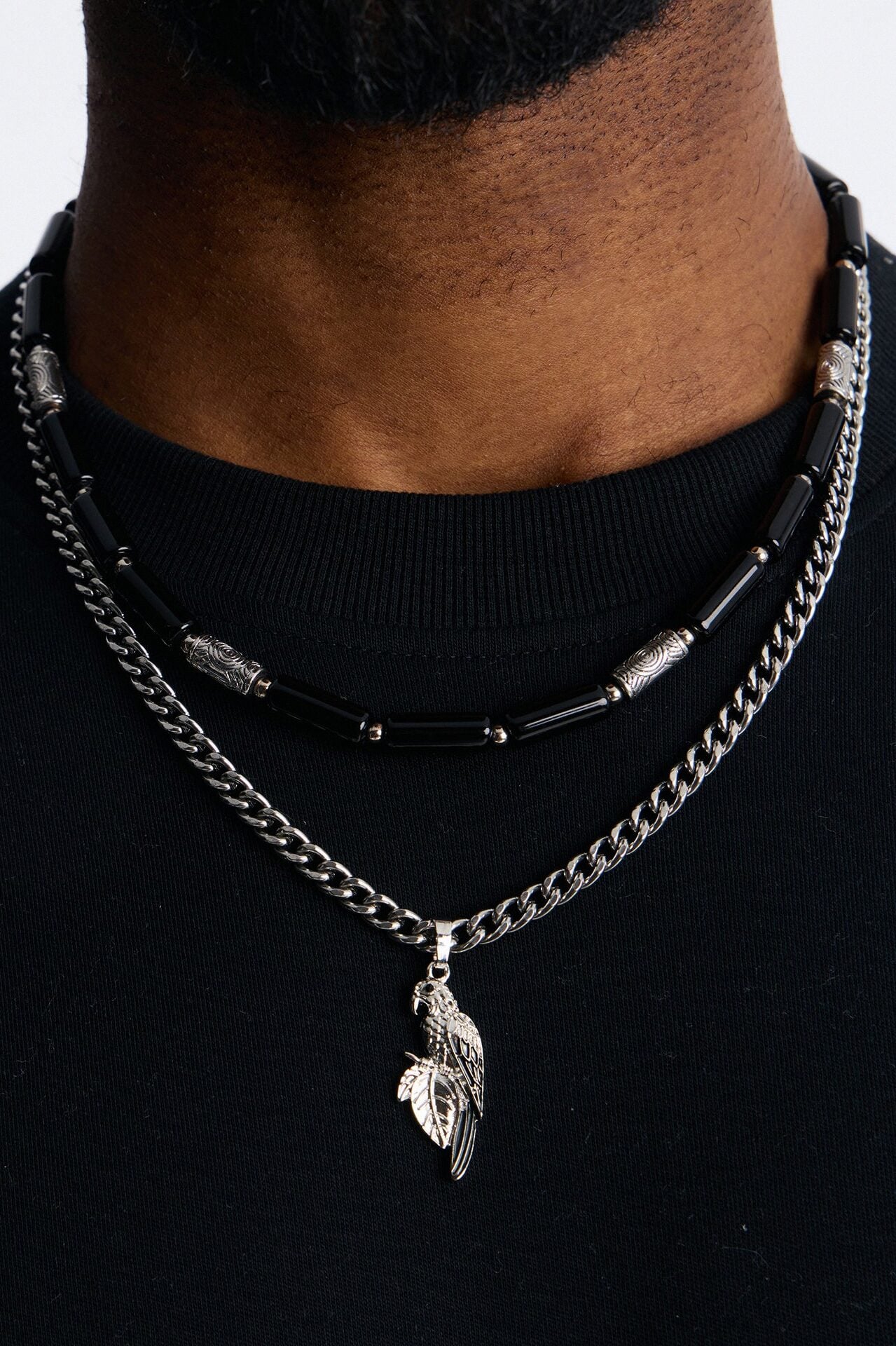 Layered Cuban Parrot And Beaded Necklace Set - Silver/Black image 1