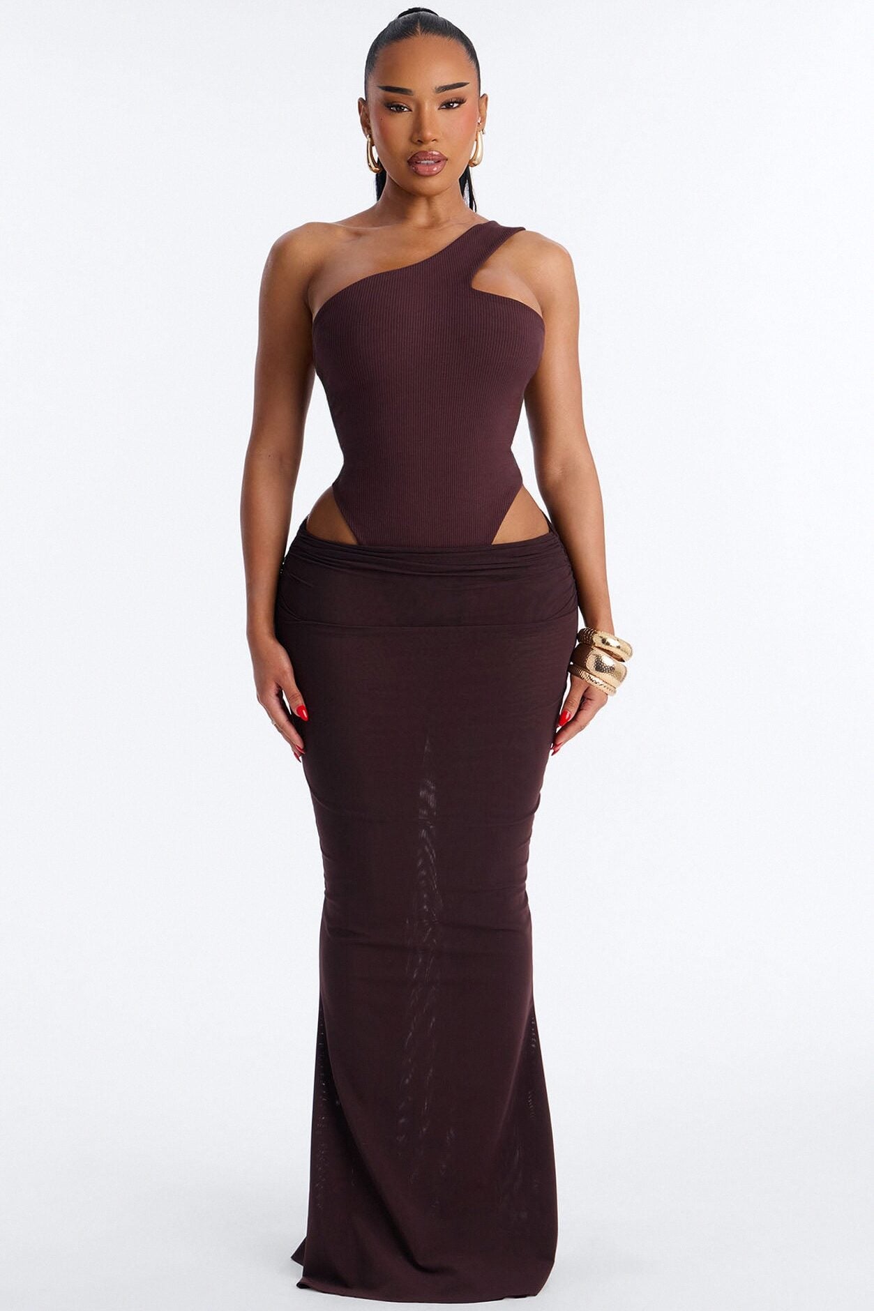 Scarlett Snatched Mesh Maxi Skirt Set - Chocolate image 1