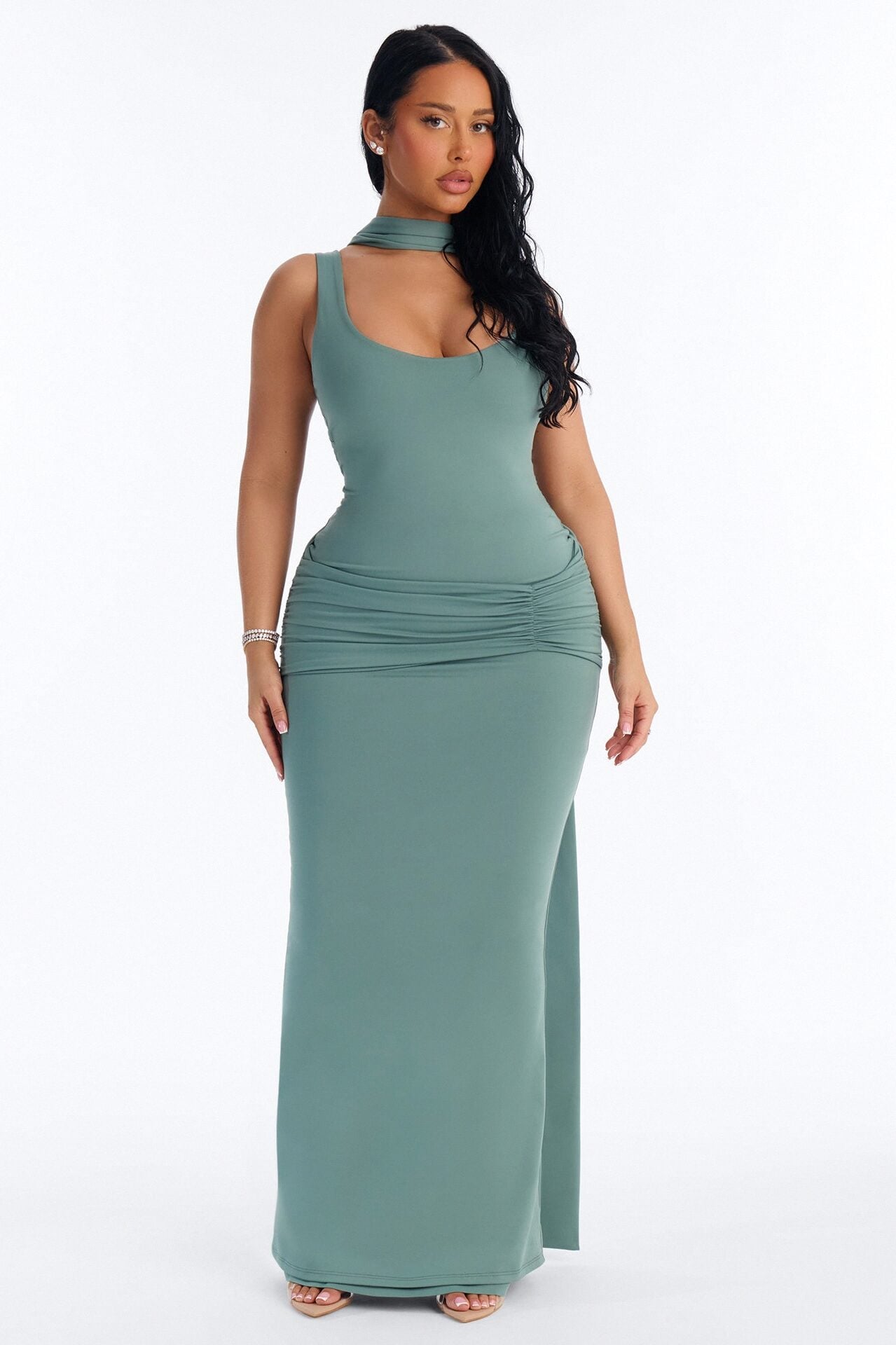 Bianca Matte Form Double Lined Neck Scarf Maxi Dress - Sage image 1