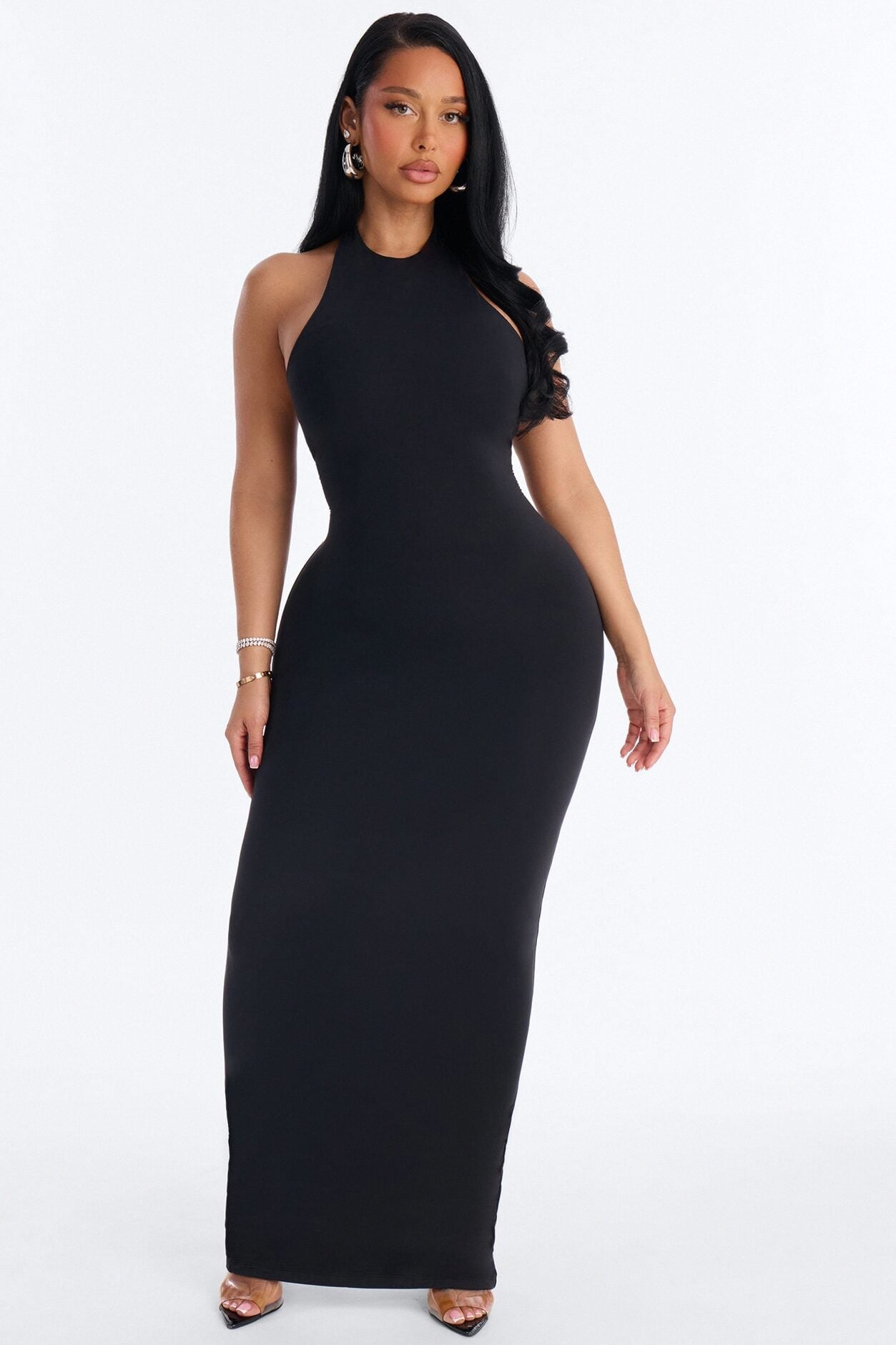 Second Skin Bra Pad Sleeveless Halter Maxi Dress - Black image 1