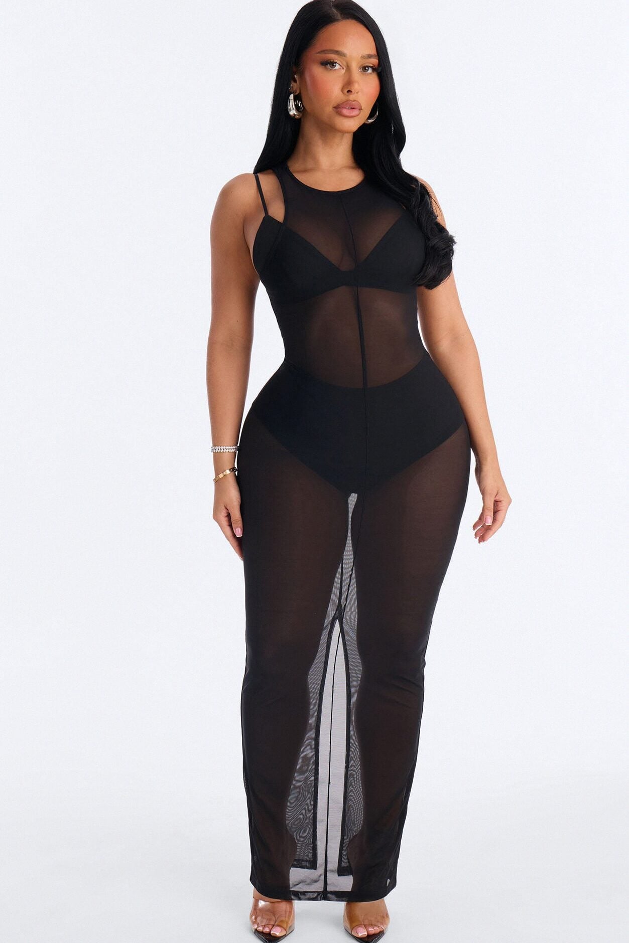 Power Mesh Sleeveless 3 Piece Maxi Dress Set - Black image 1