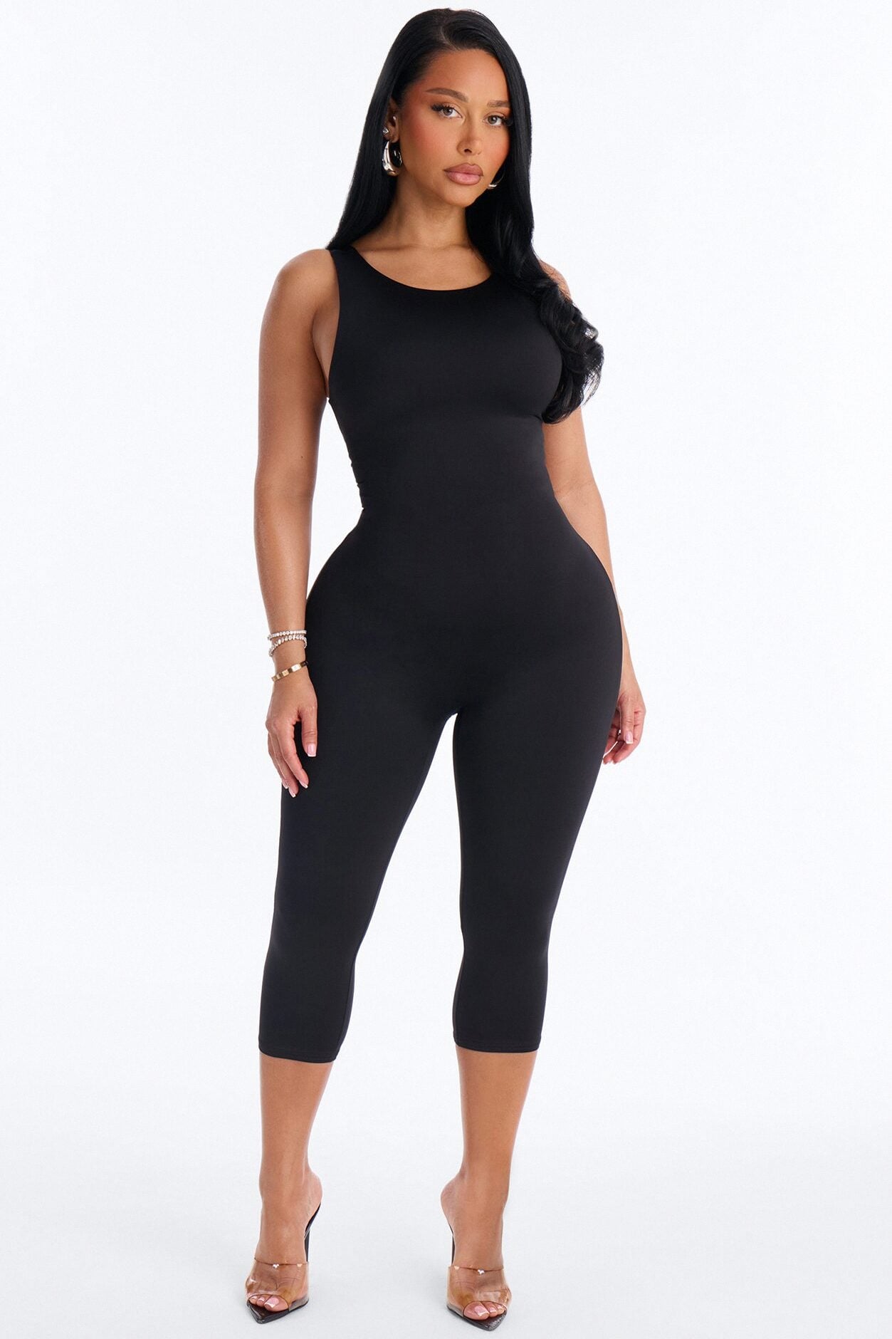 Contour Double Lined Low Back Capri Jumpsuit - Black image 1