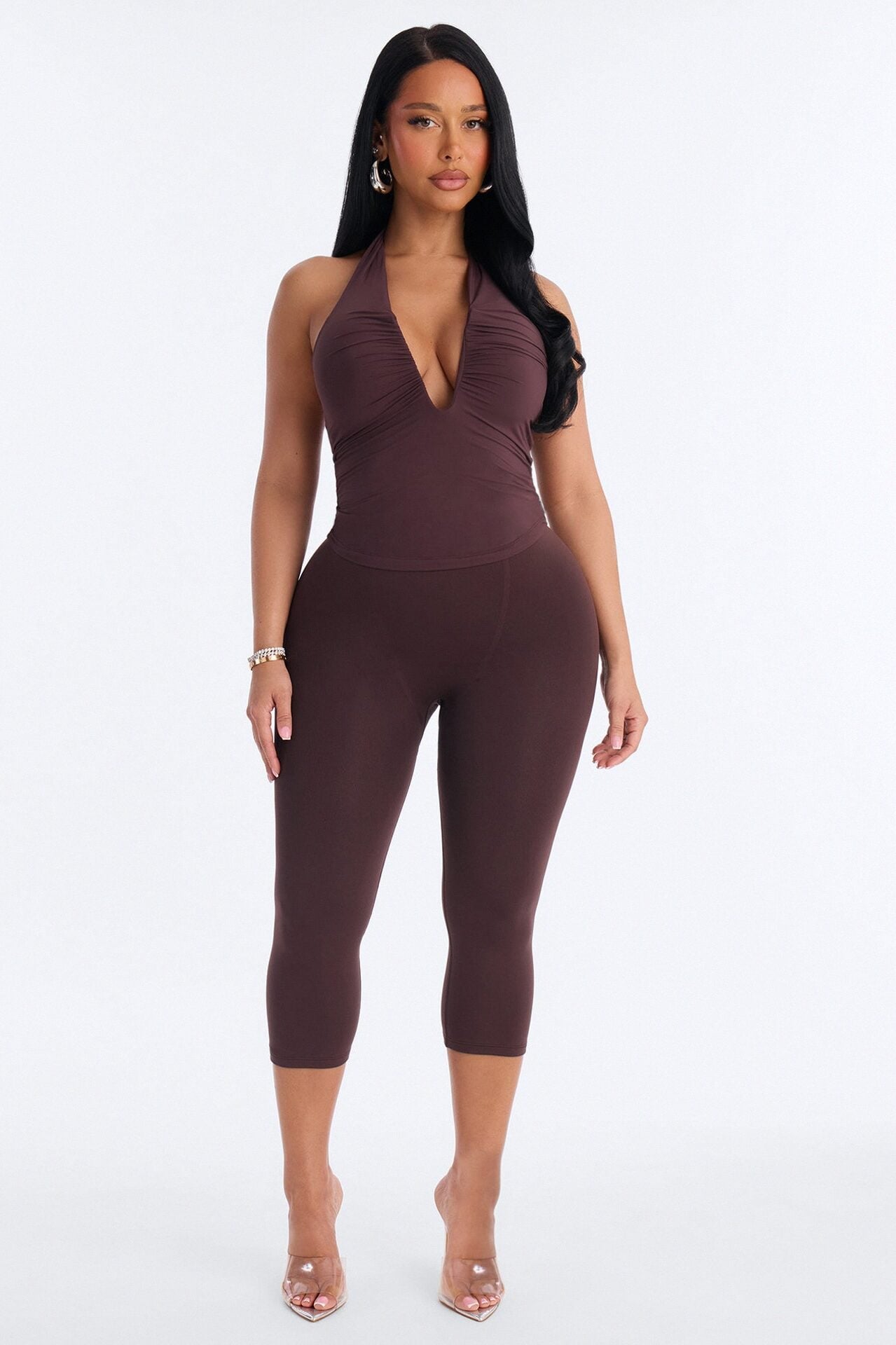 Second Skin Double Lined Ruched V Wire Halter Top - Chocolate image 1