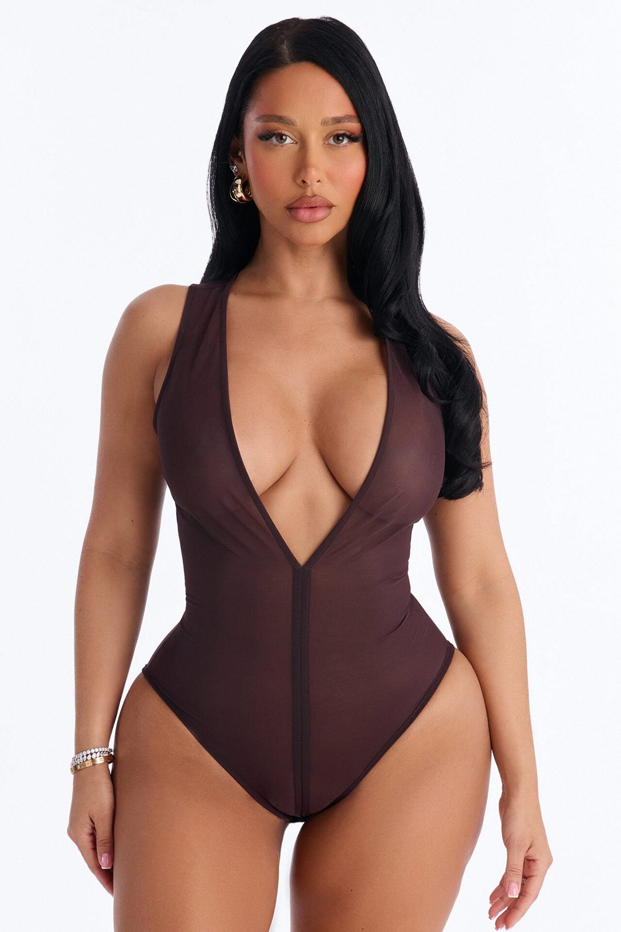 Power Mesh Deep V Neck Sleeveless Bodysuit - Chocolate image 1