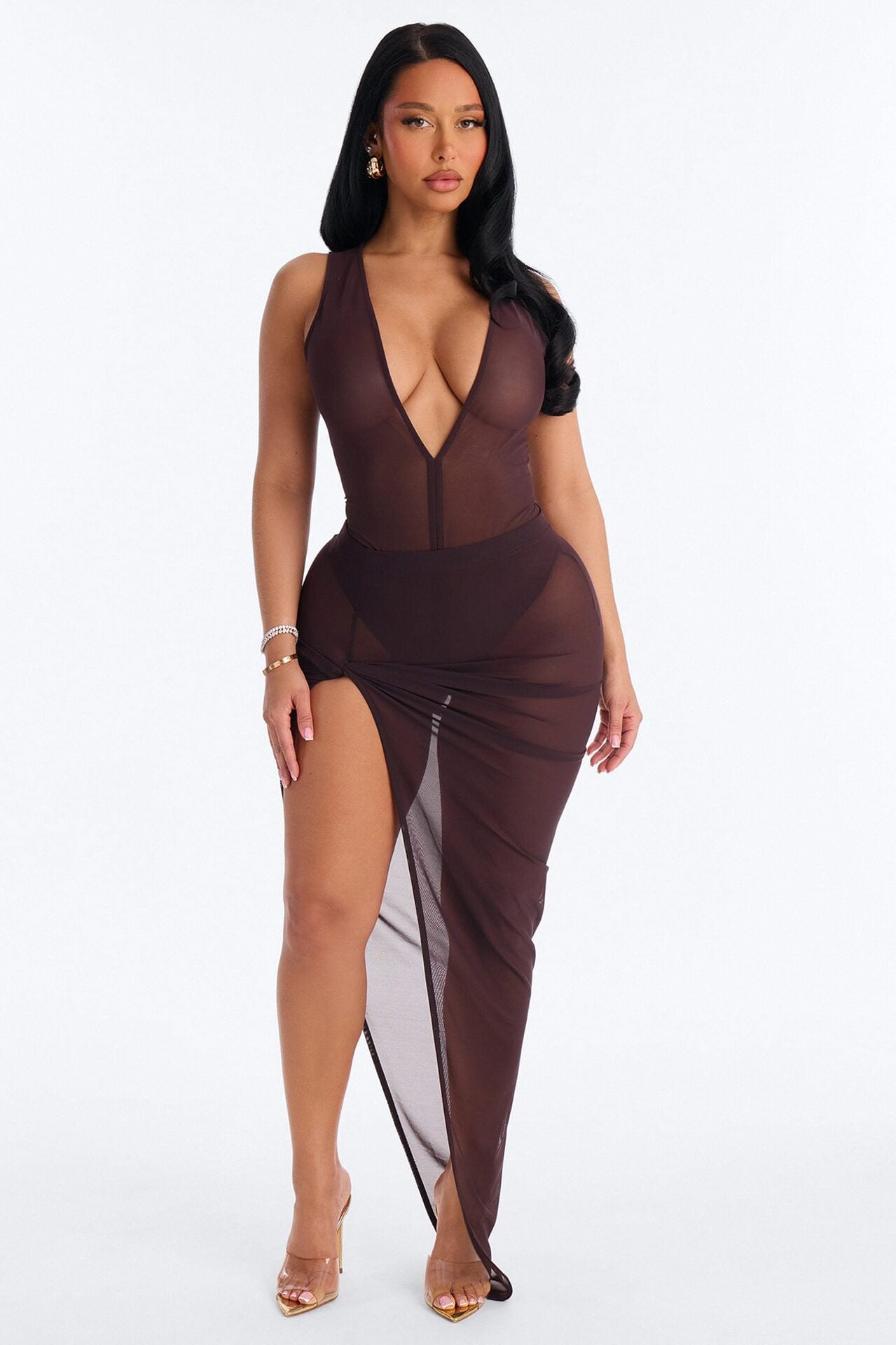 Power Mesh Ruched Twist High Slit Maxi Skirt - Chocolate image 1