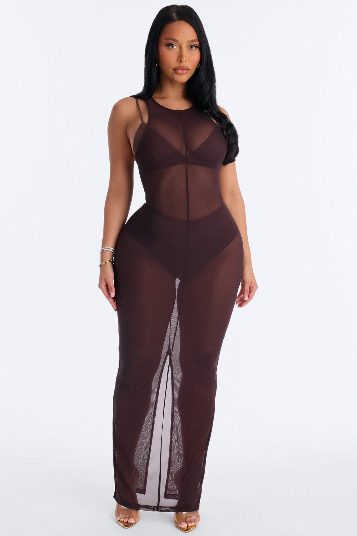 Power Mesh Sleeveless 3 Piece Maxi Dress Set - Chocolate image 1