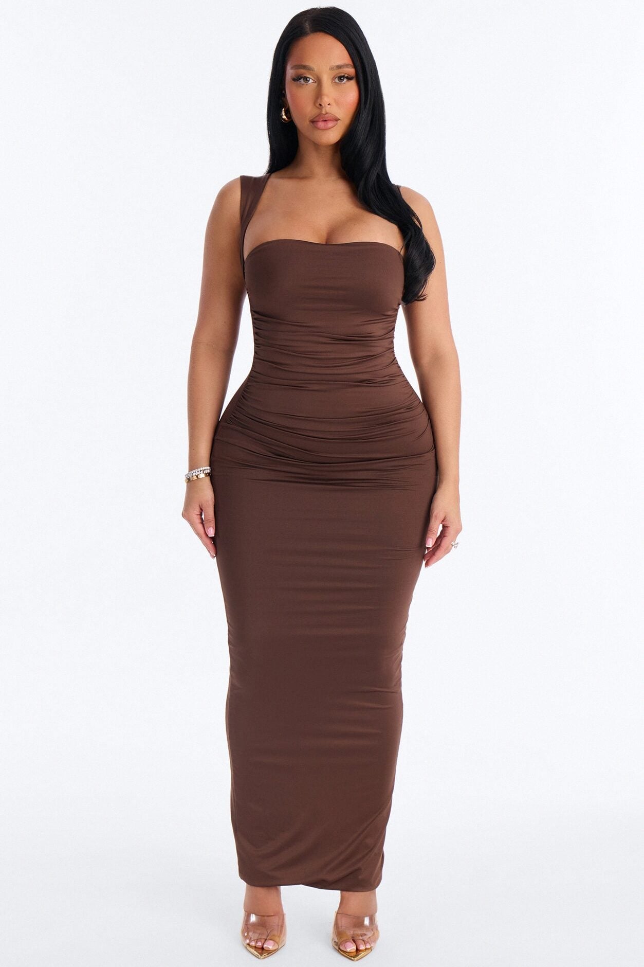 Contour Double Lined Straight Neck Maxi Dress - Chocolate image 1