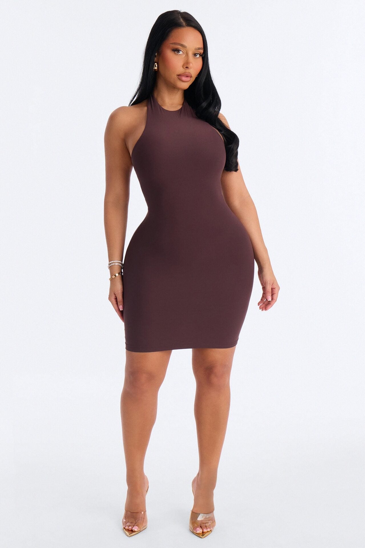 Second Skin Bra Pad Sleeveless Halter Mini Dress - Chocolate image 1