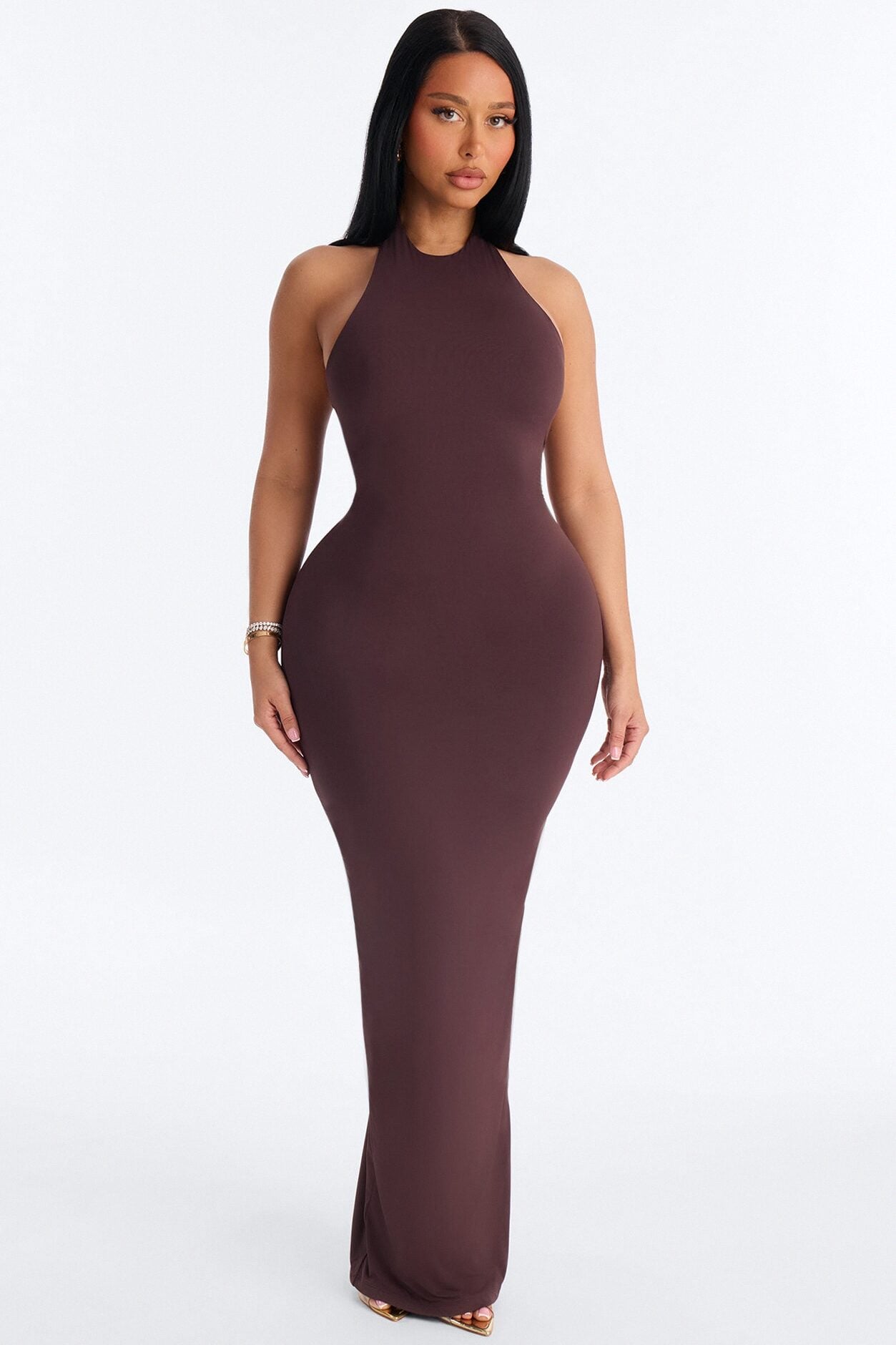 Second Skin Bra Pad Sleeveless Halter Maxi Dress - Chocolate image 1