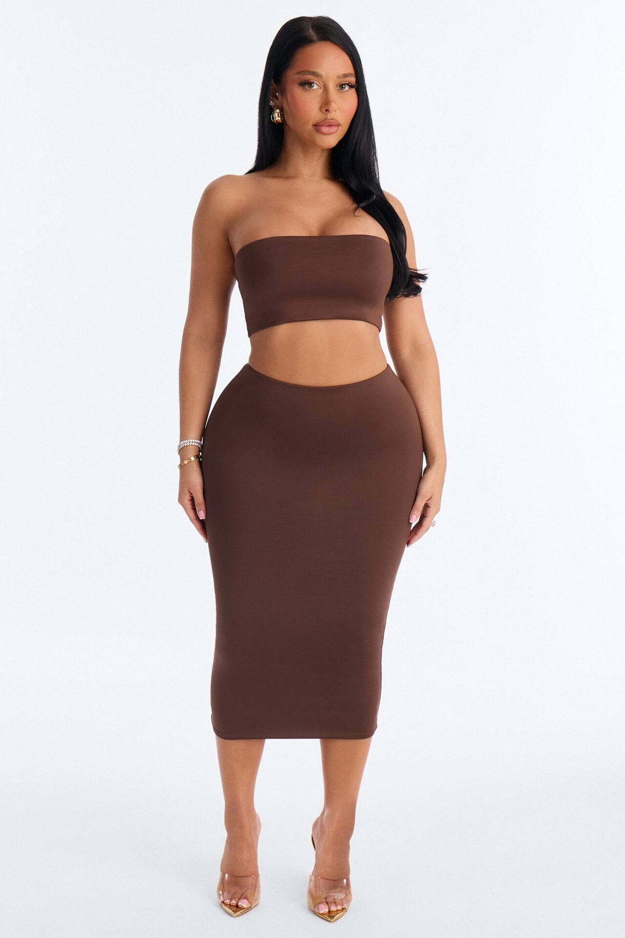 Contour Double Lined Pencil Midi Skirt - Chocolate image 1