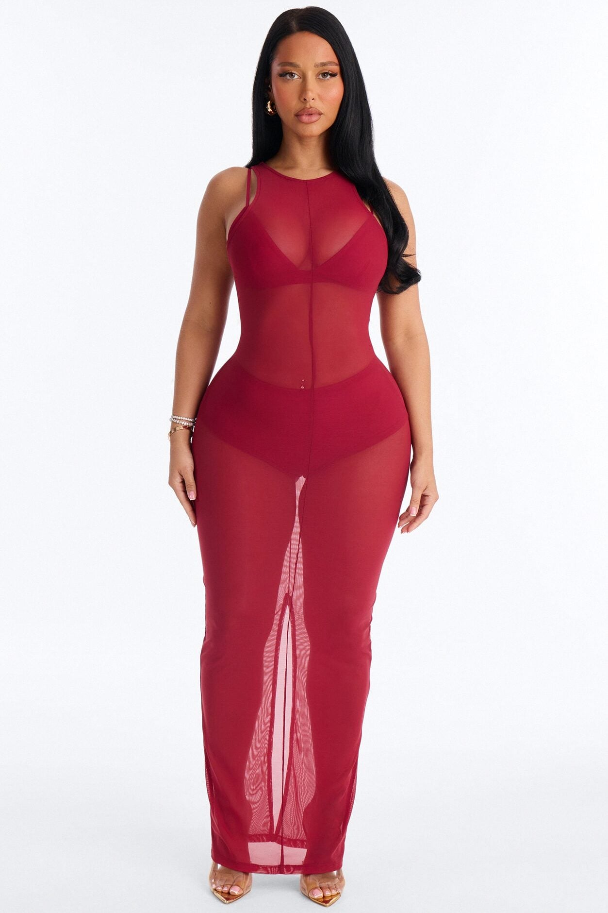 Power Mesh Sleeveless 3 Piece Maxi Dress Set - DarkRed image 1