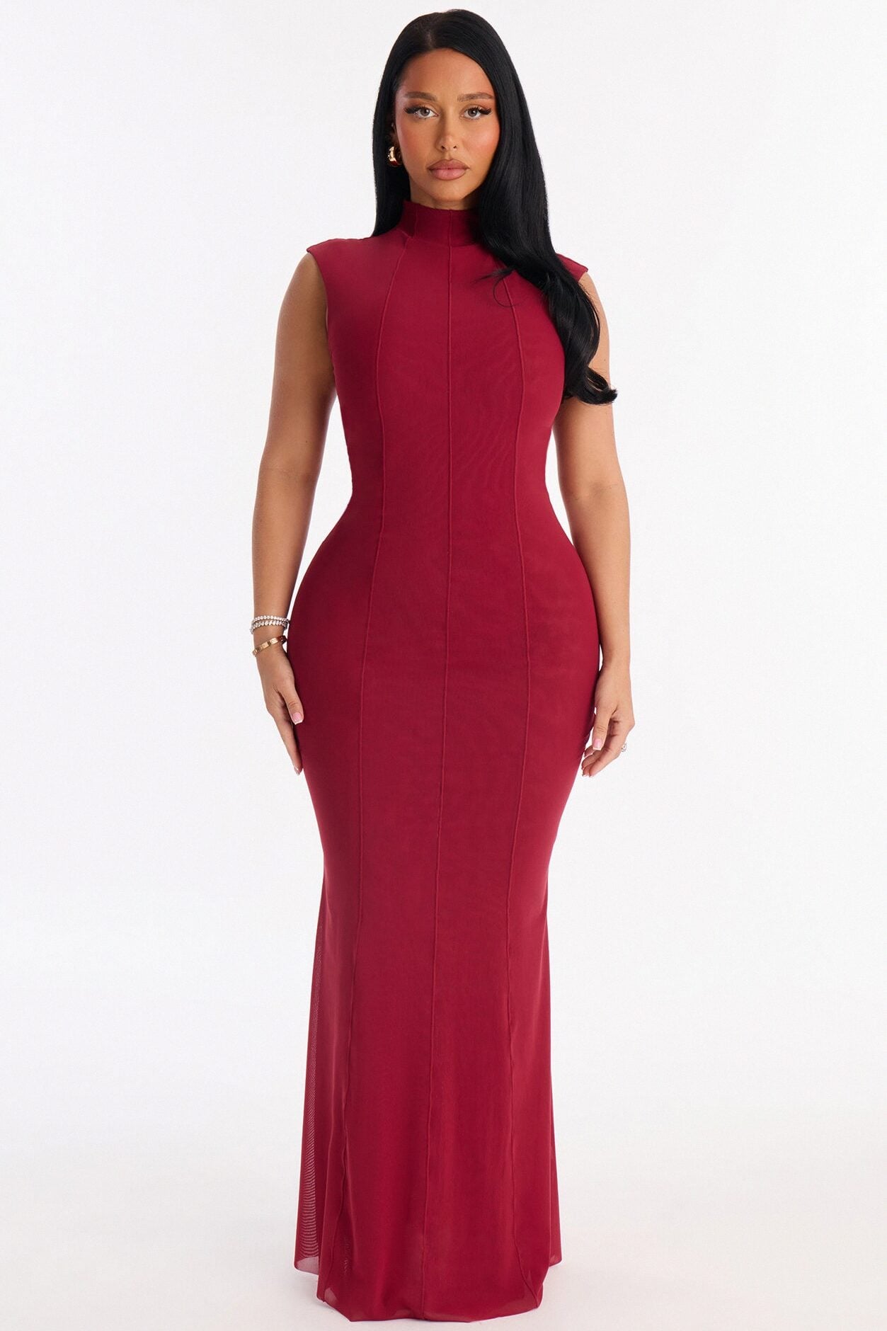 Power Mesh Double Lined Mock Neck Sleeveless Maxi Dress - DarkRed image 1