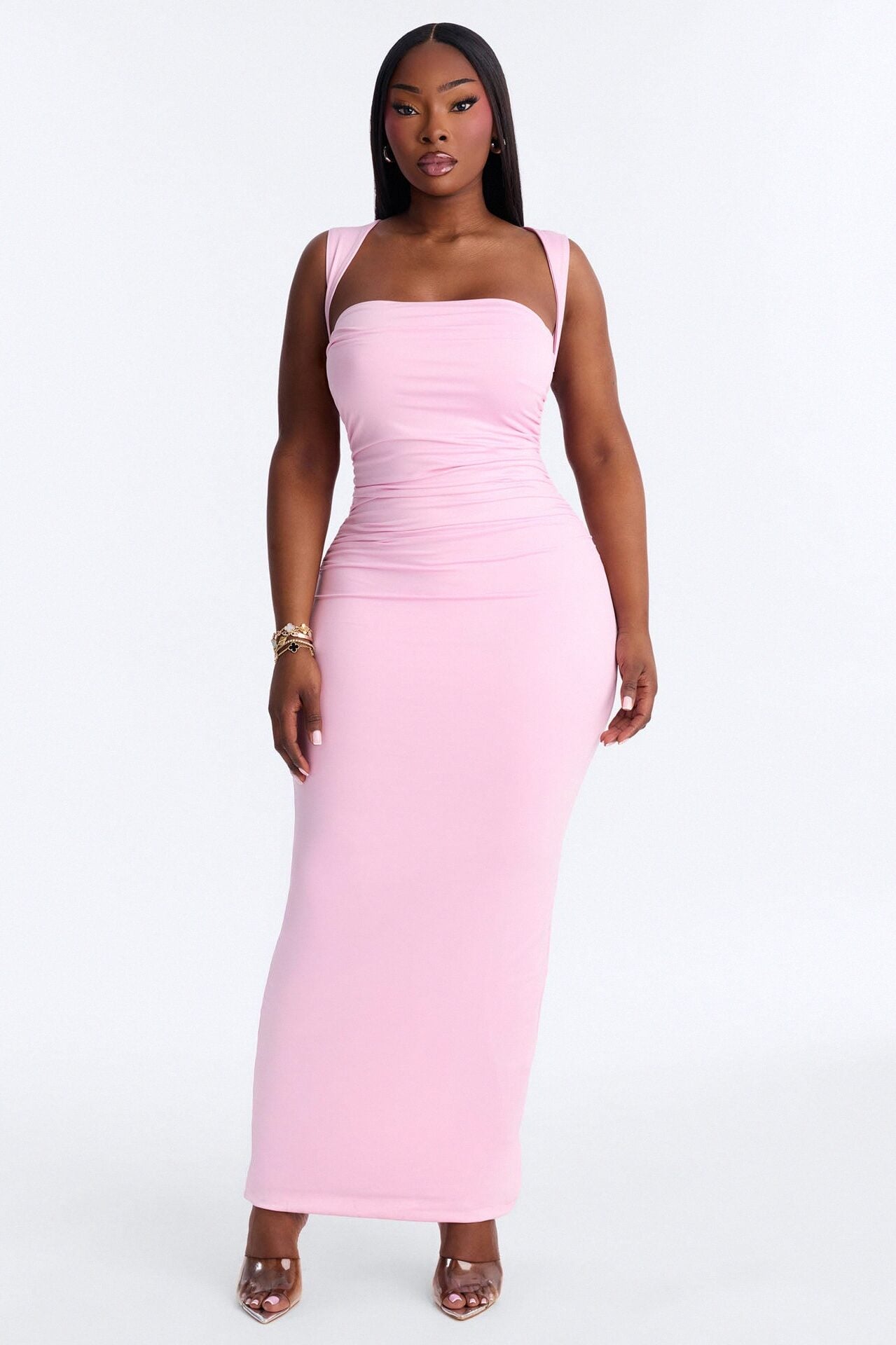 Contour Double Lined Straight Neck Maxi Dress - Light Pink image 1