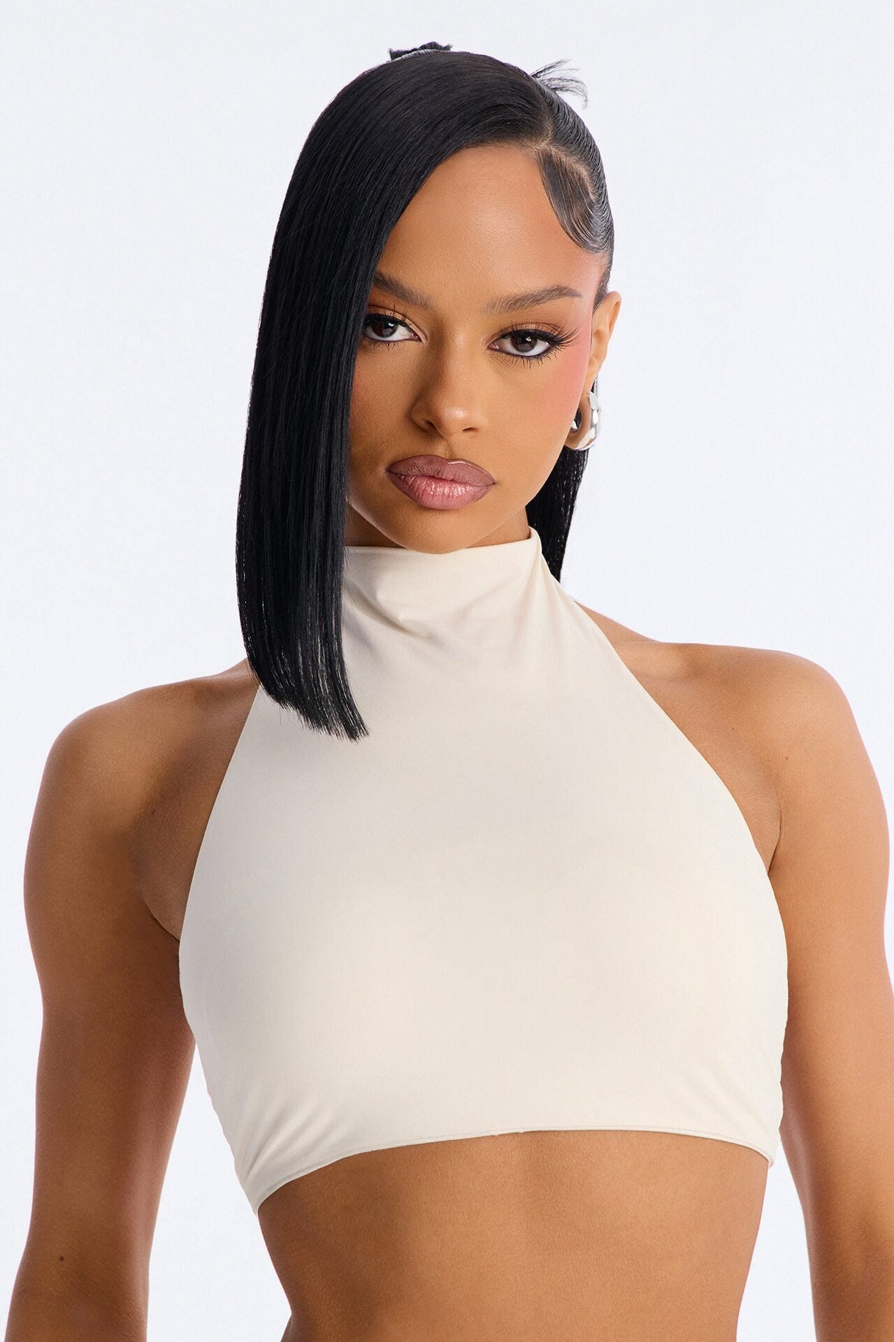 Second Skin Padded Backless Mock Neck Halter Top - Bone image 1