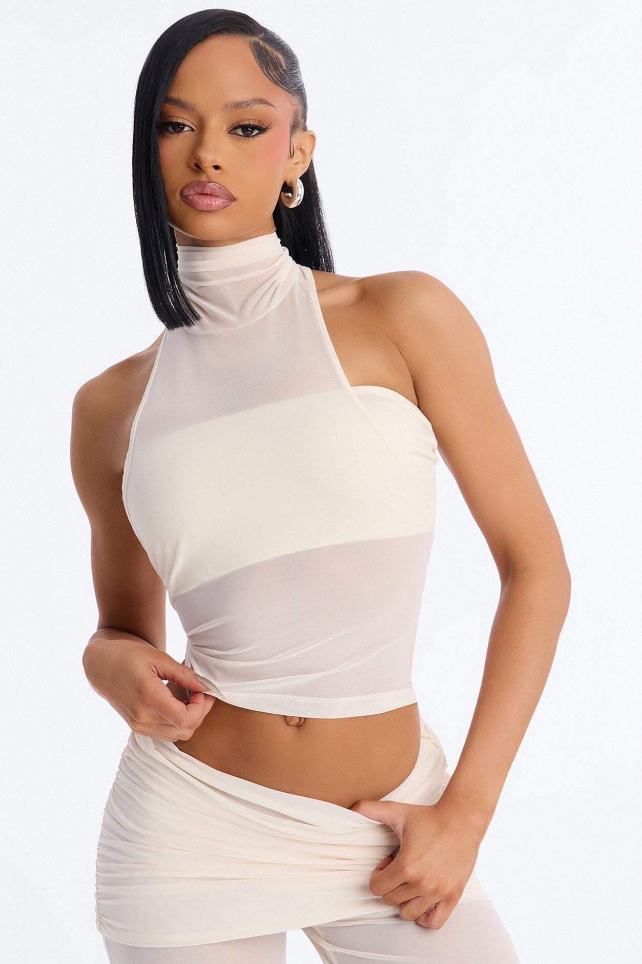 Power Mesh High Neck Thin Racerback Sleeveless Top - Bone image 1