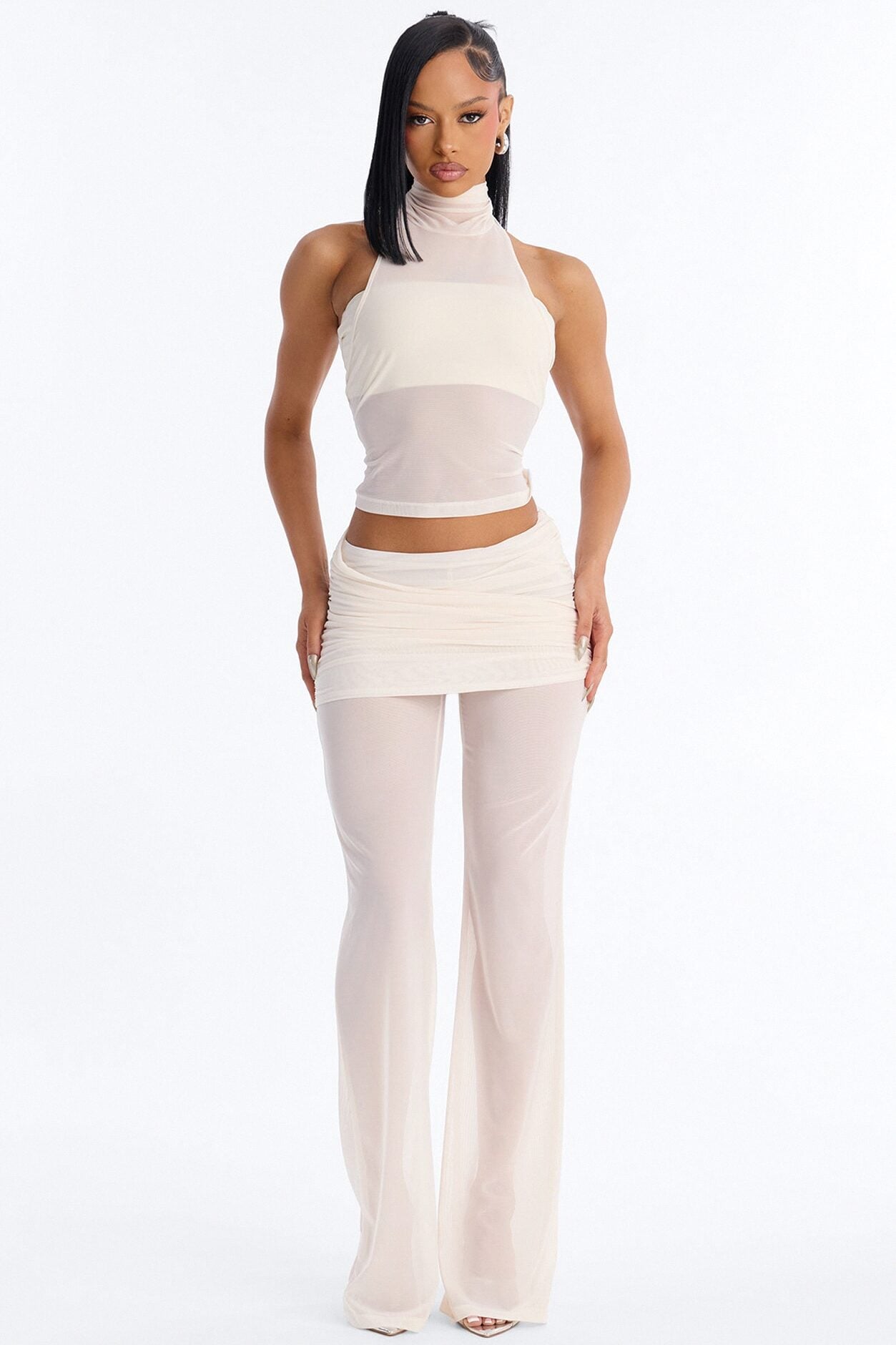 Power Mesh Foldover Ruched Flare Pant - Bone image 1