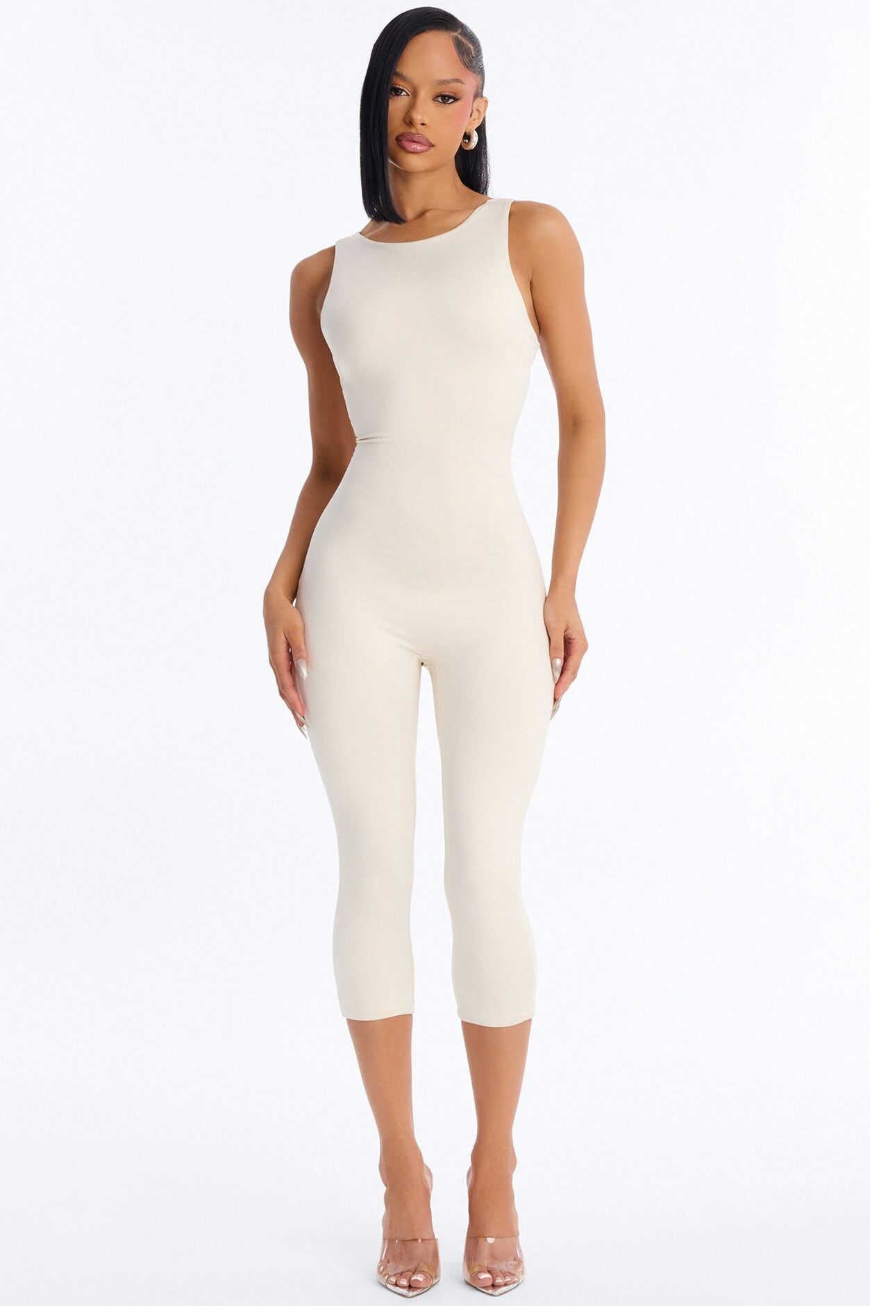 Contour Double Lined Low Back Capri Jumpsuit - Bone image 1