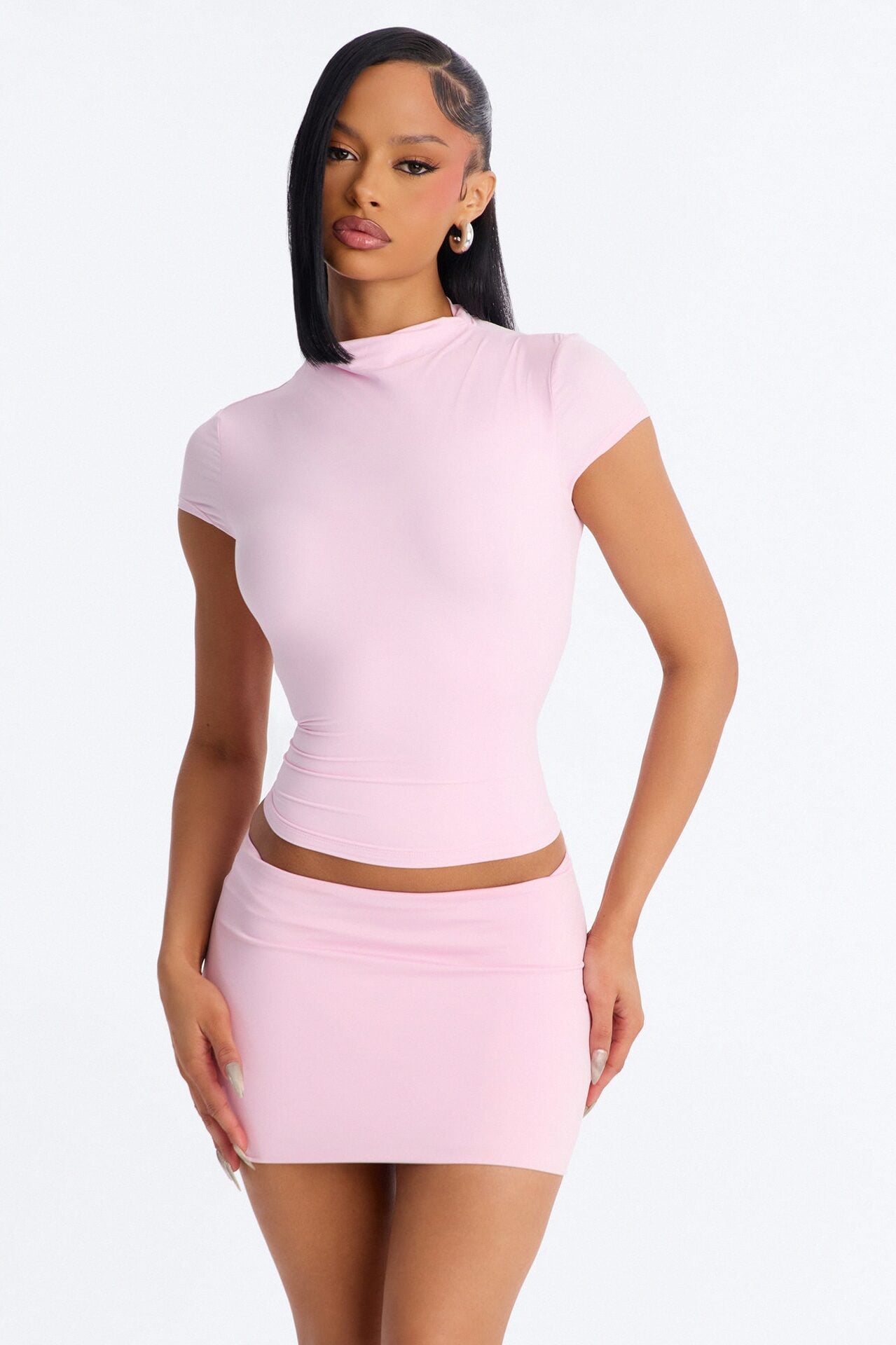 Second Skin Double Lined Mock Neck Short Sleeve Top - Light Pink image 1