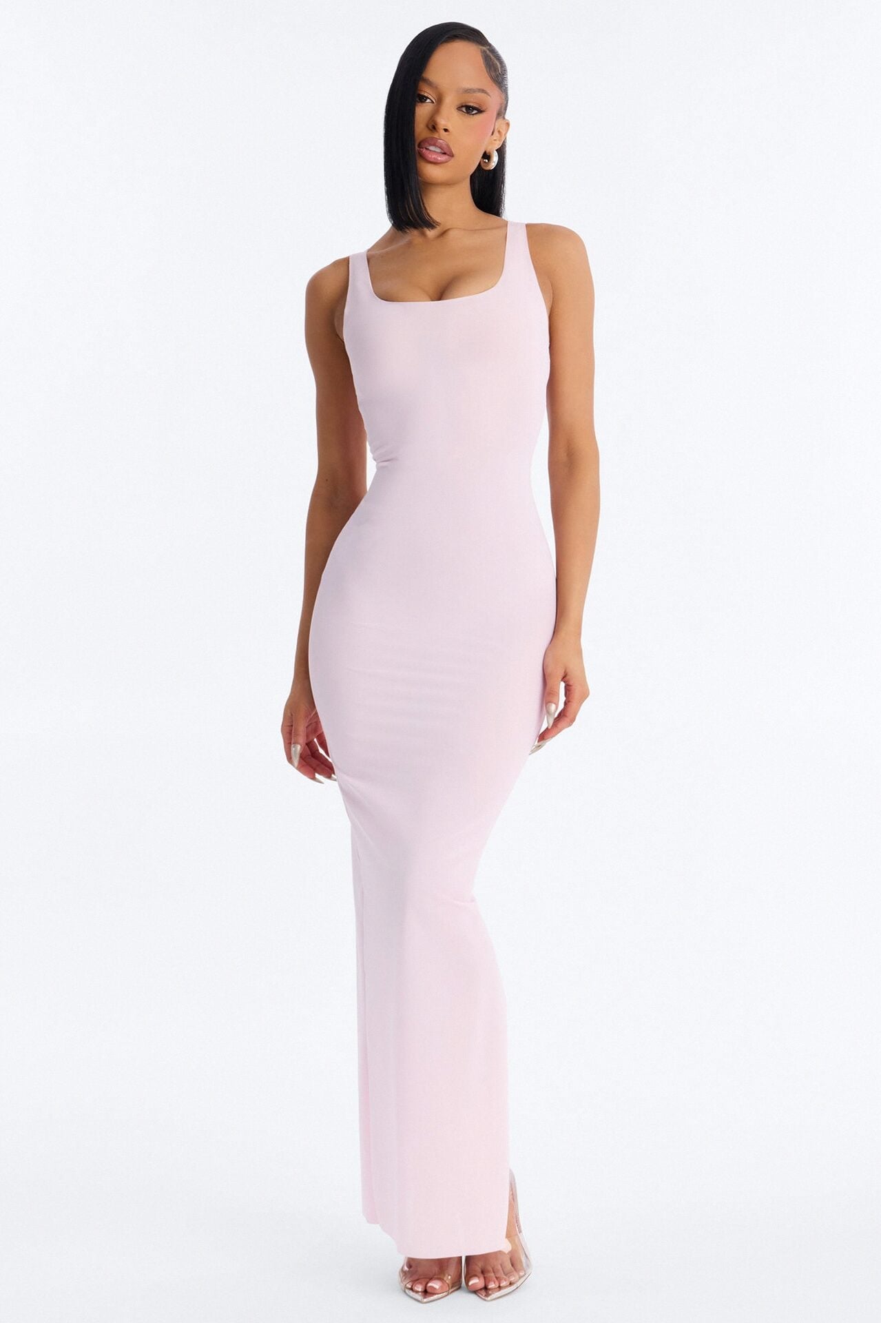 Power Mesh Low Scoop Back Sleeveless Maxi Dress - Light Pink image 1