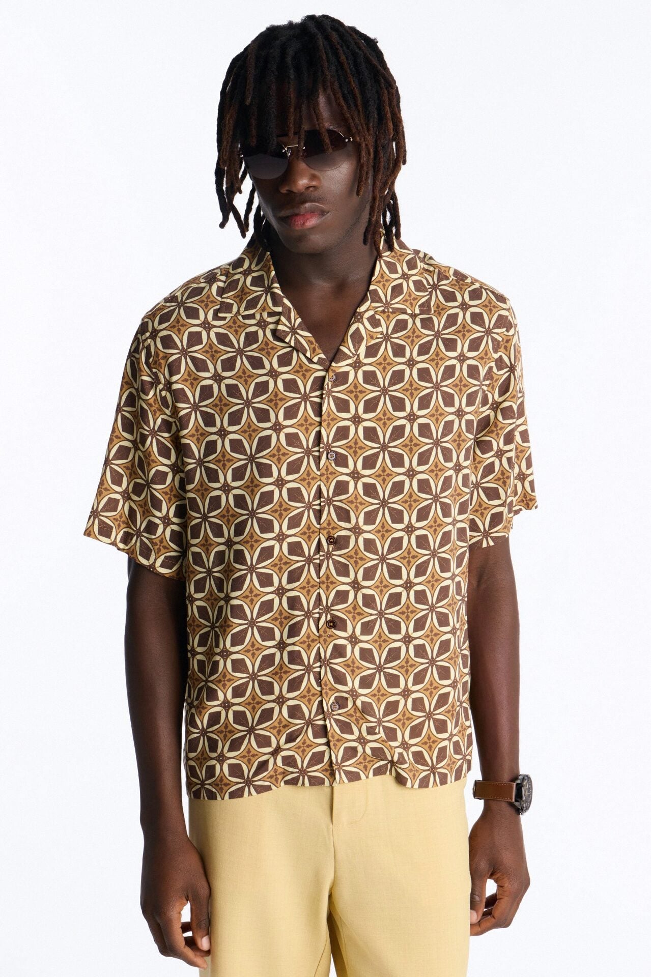 Relaxed Oxalis Cuban Collar Button Up Shirt - Brown/combo image 1