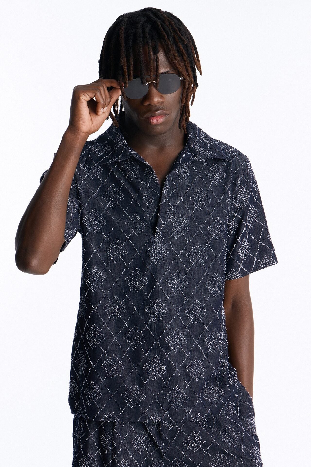 Diamond Frayed Jacquard Polo - Navy image 1