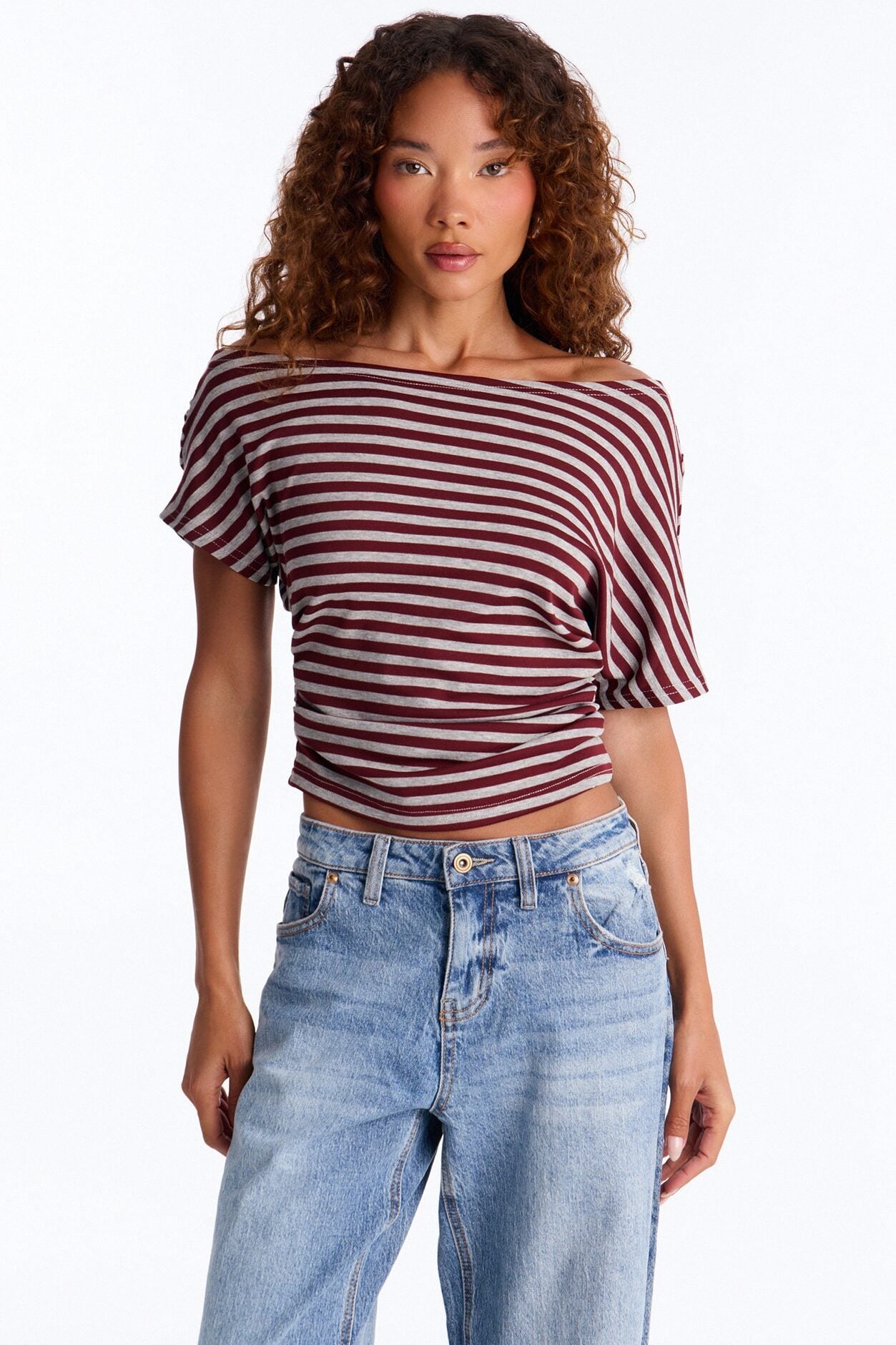Zayna Striped Off Shoulder Short Sleeve Top - Burgundy/combo image 1