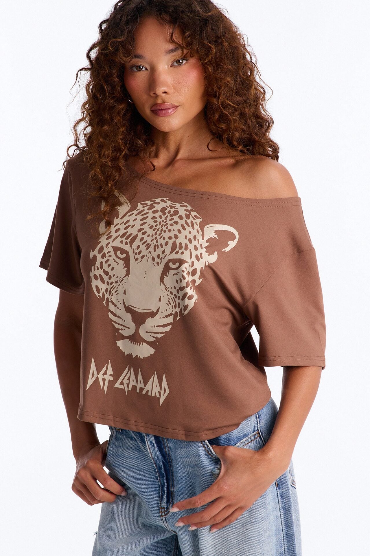 Def Leppard Lounge Off Shoulder Tee - Brown image 1