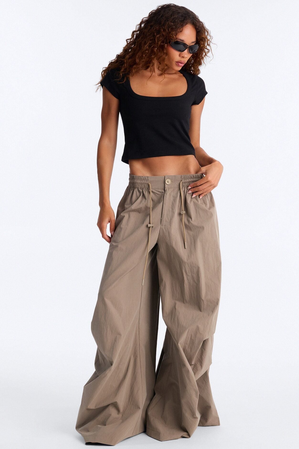 Hazel Stacked Drawstring Waist Super Wide Leg Pant - Caffe image 1