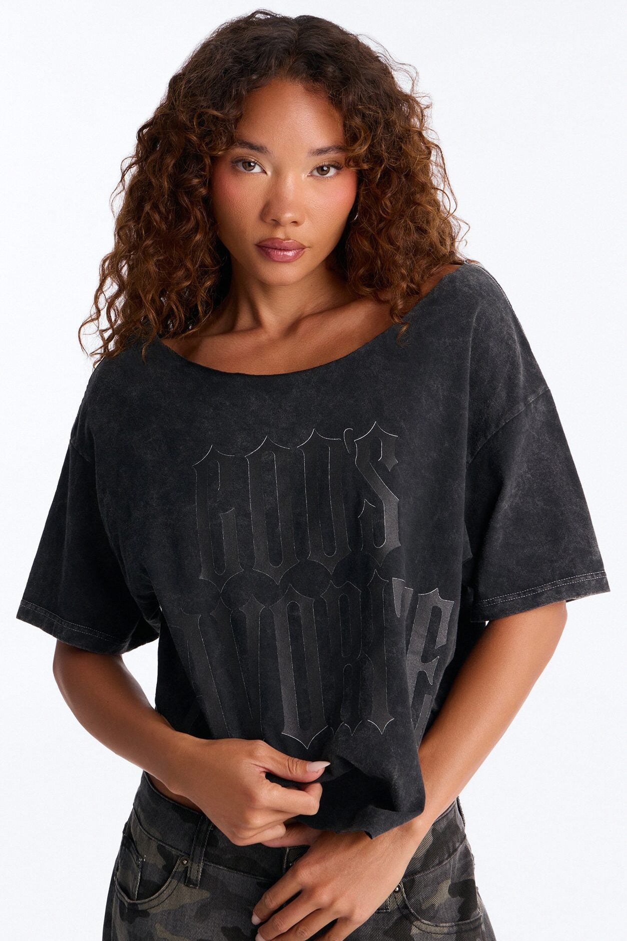 God's Favorite Washed Off Shoulder Tee - Charcoal image 1