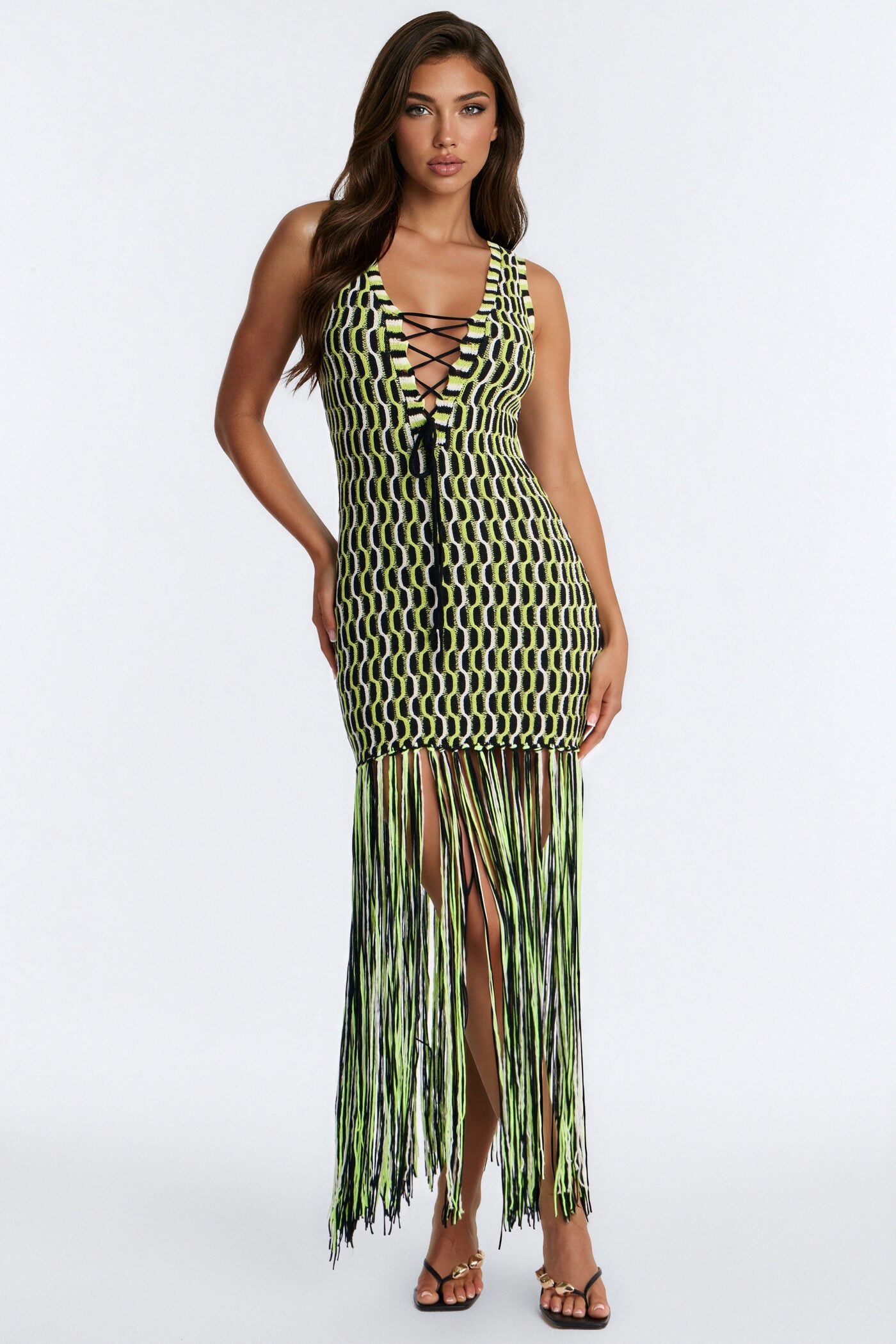 After Hours Fringe Sweater Maxi Dress - Green/combo image 1