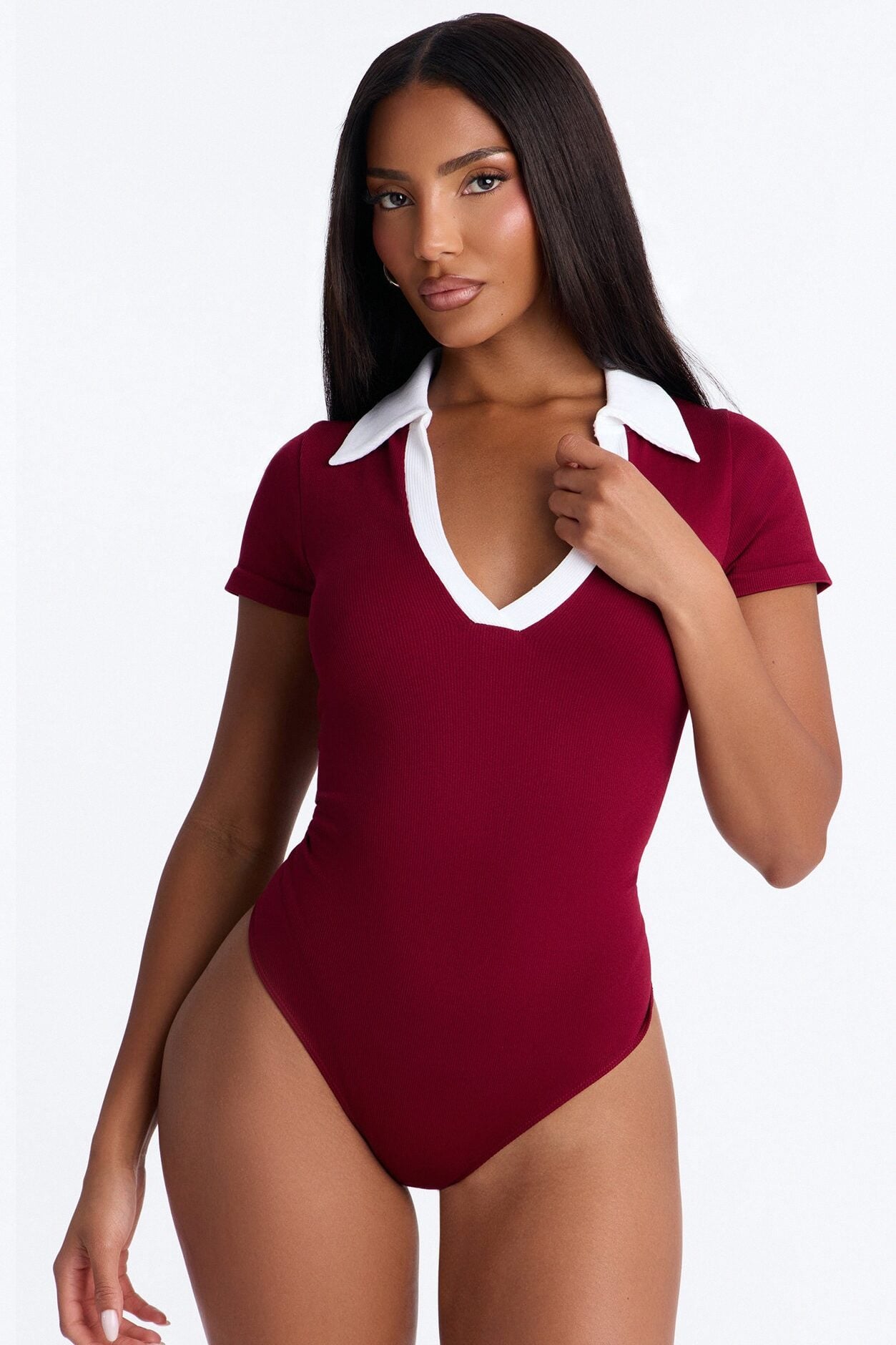 Shani Ribbed Collared Short Sleeve Bodysuit - Wine/combo image 1