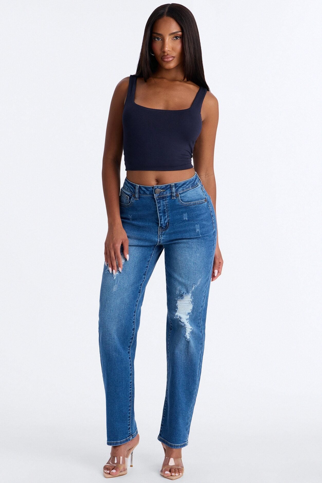 Skye Stretch Ripped Straight Leg Jeans - Medium Wash image 1