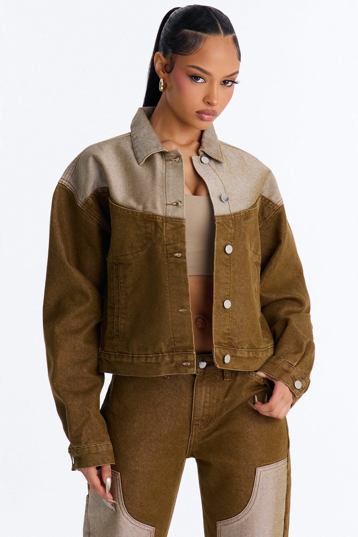 The Cold Shoulder Shiny Denim Jacket - Brown image 1