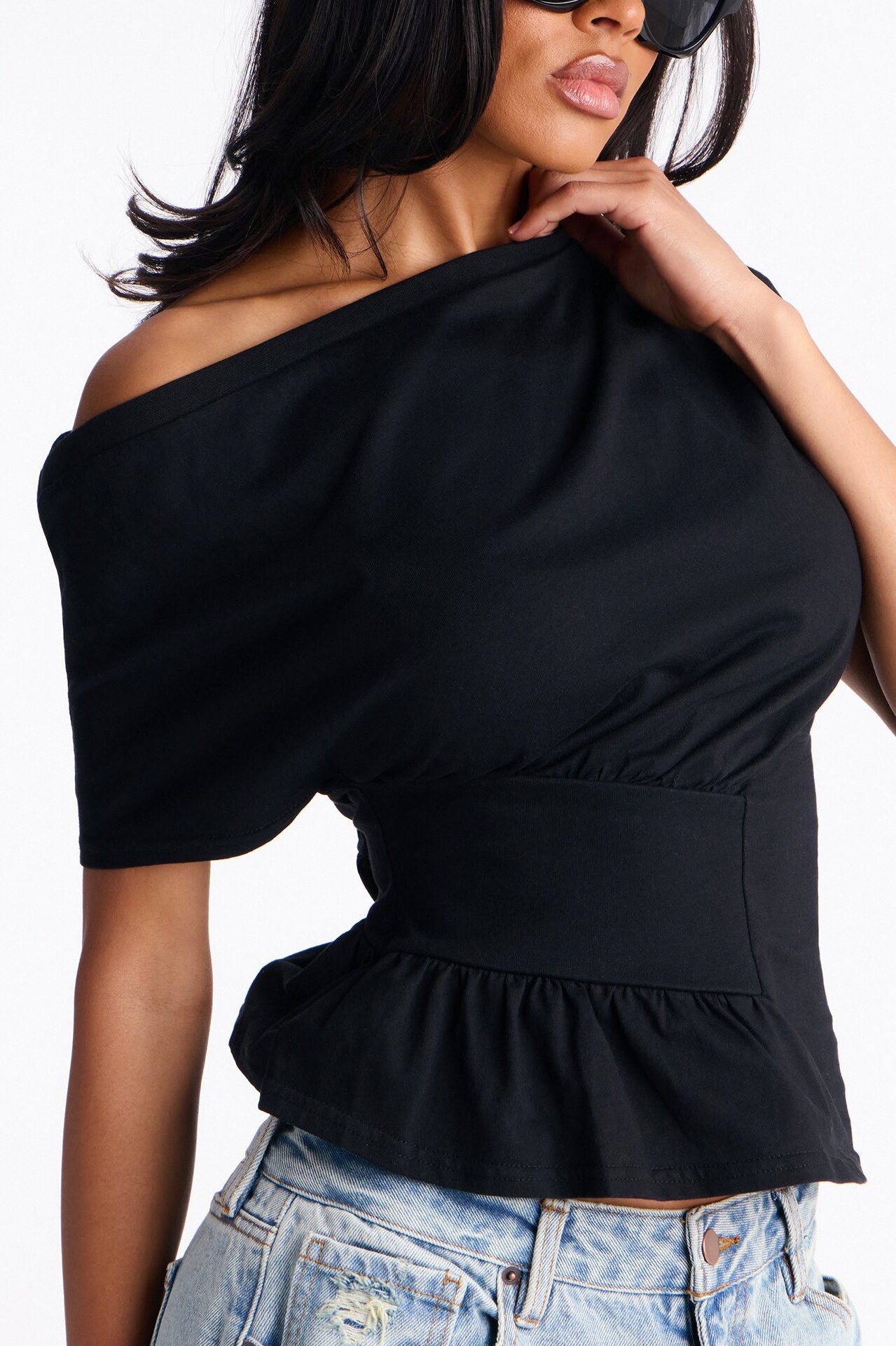 Brooklyn Ruched Off Shoulder Short Sleeve T-Shirt - Black