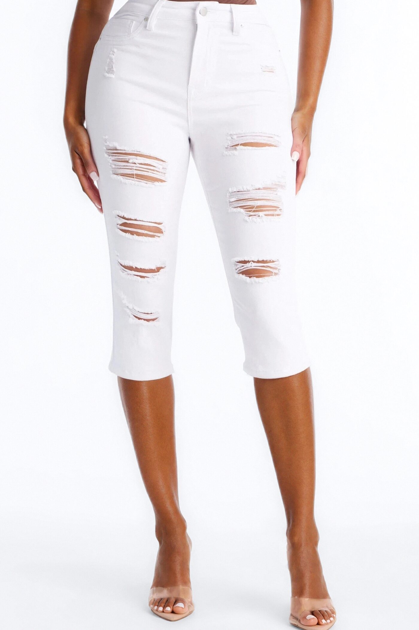 Salem Booty Lifting Ripped High Rise Stretch Capri Jeans - White