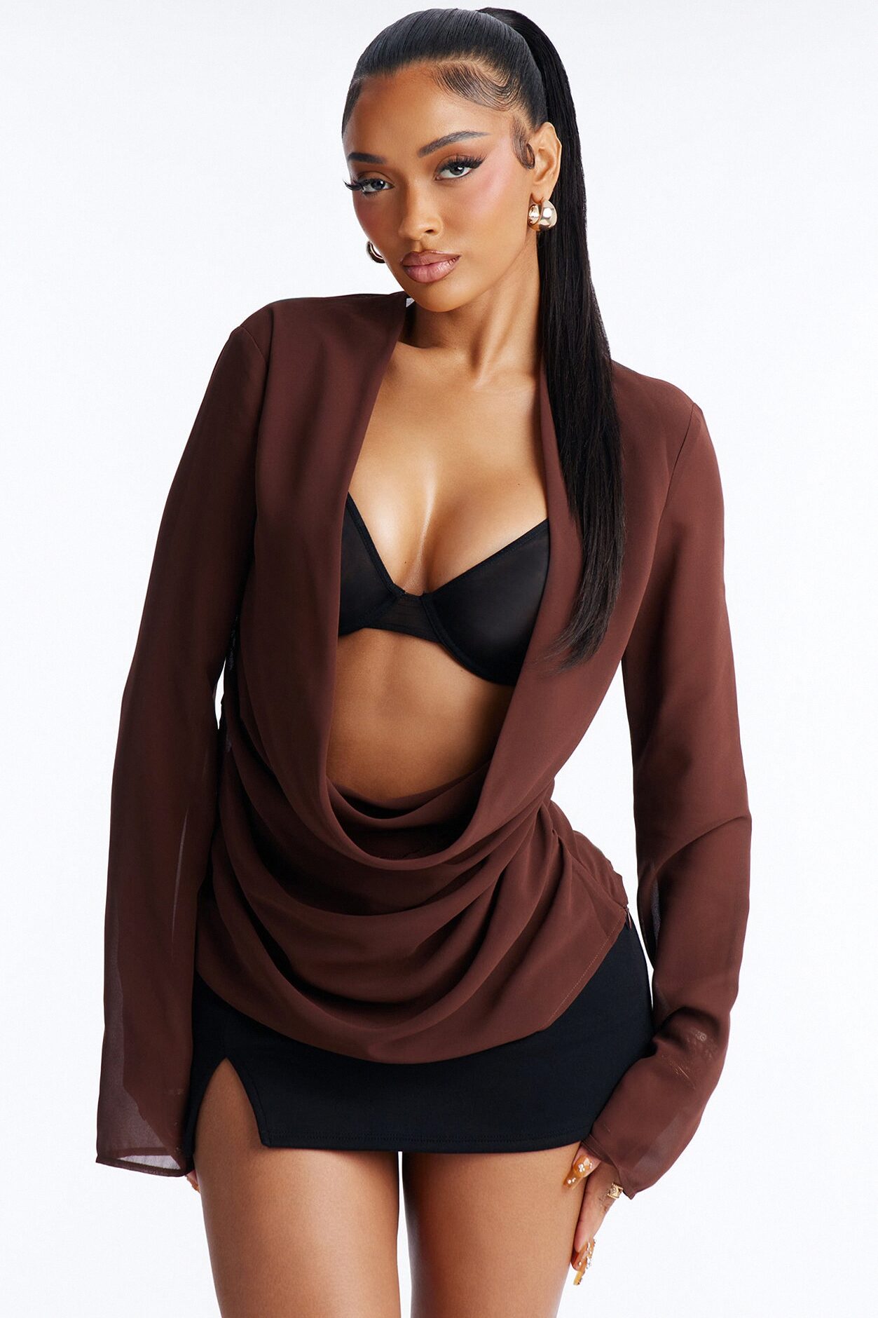 Stuck In A Dream Cowl Neck Chiffon Blouse - Brown