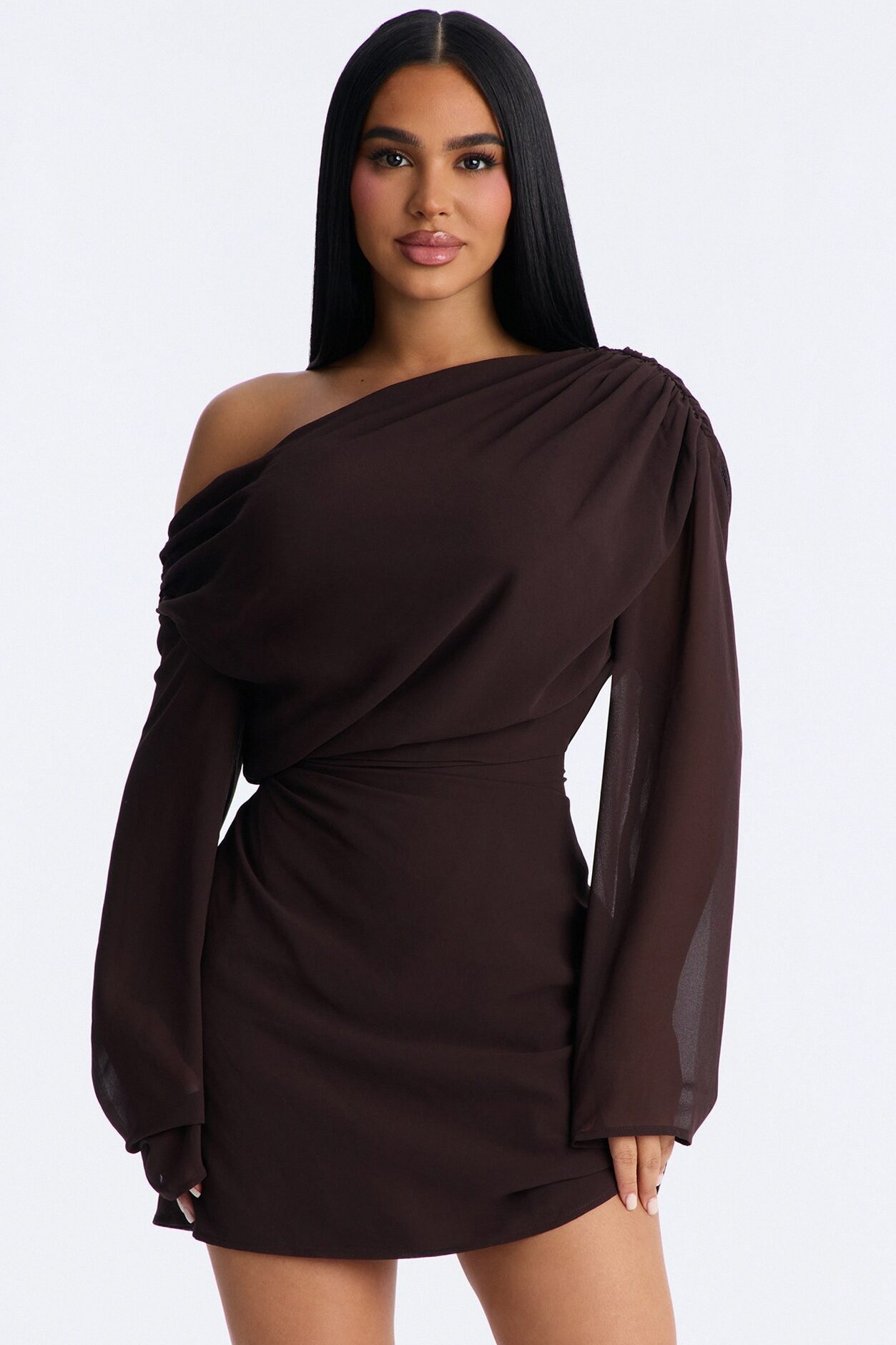 Kennedy Long Sleeve Chiffon Mini Dress - Chocolate