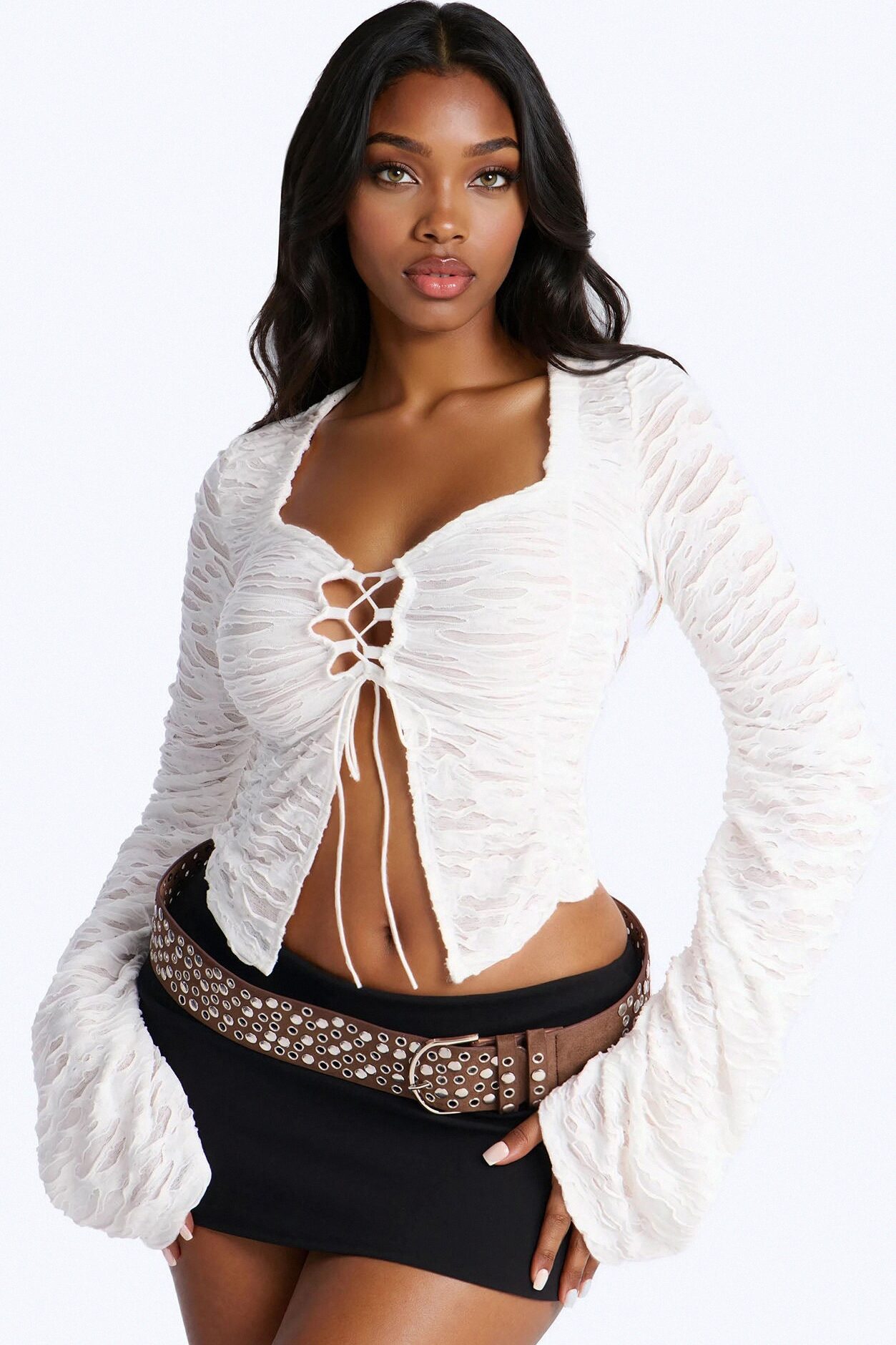 Tiana Textured Lace Up Long Sleeve Flyaway Top - White