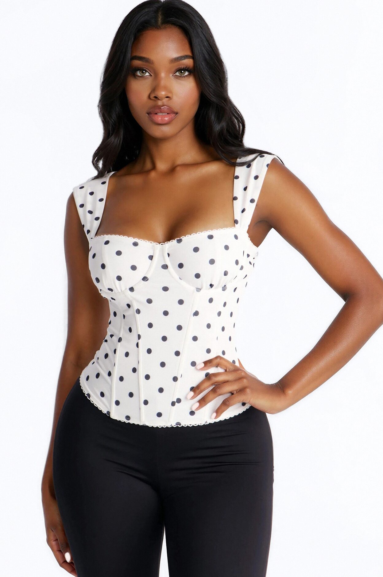 Carina Mesh Square Neck Polka Dot Corset Top - Off White/combo