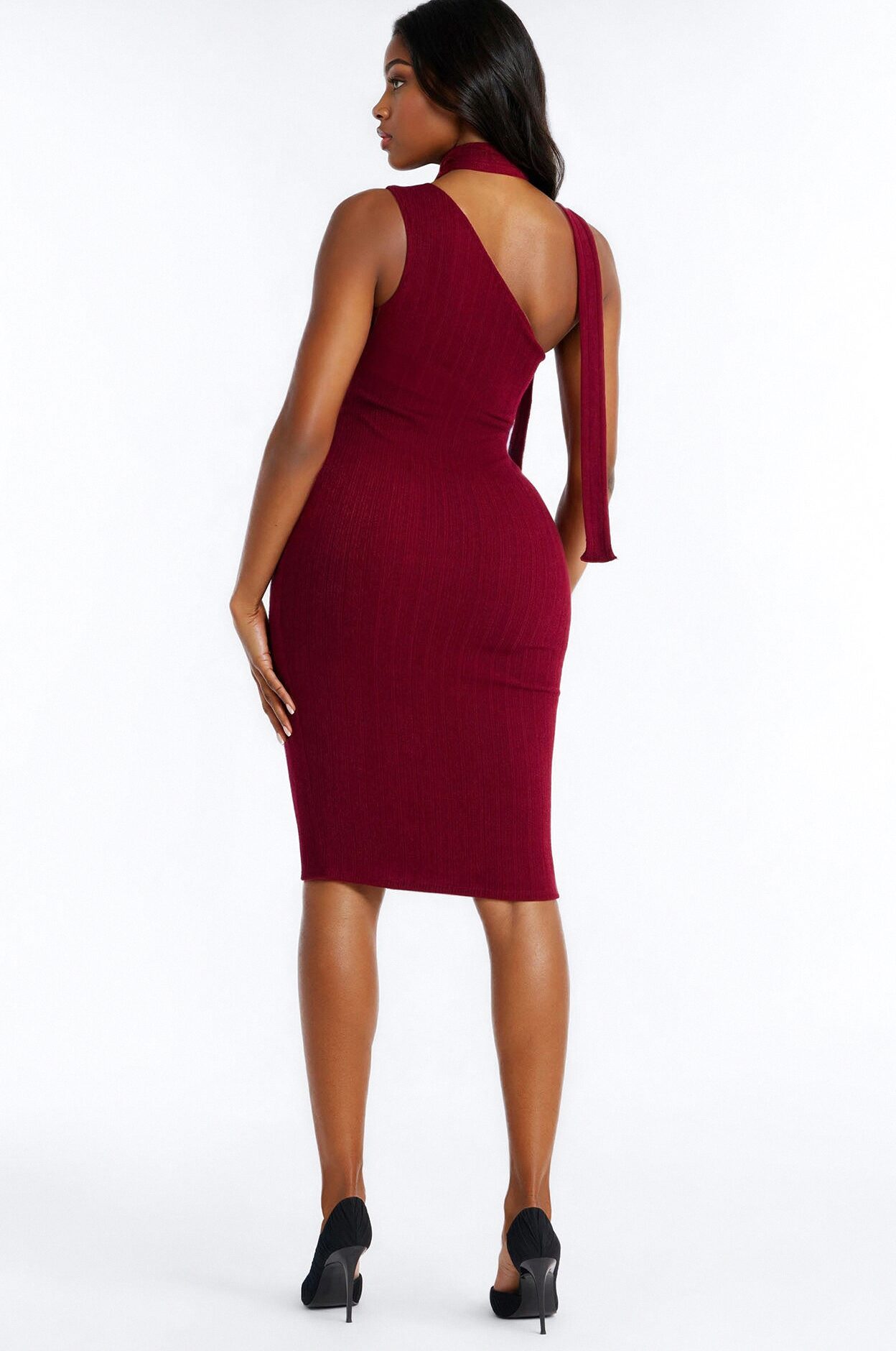 Pamela Scarf Textured Midi Dress - Wine