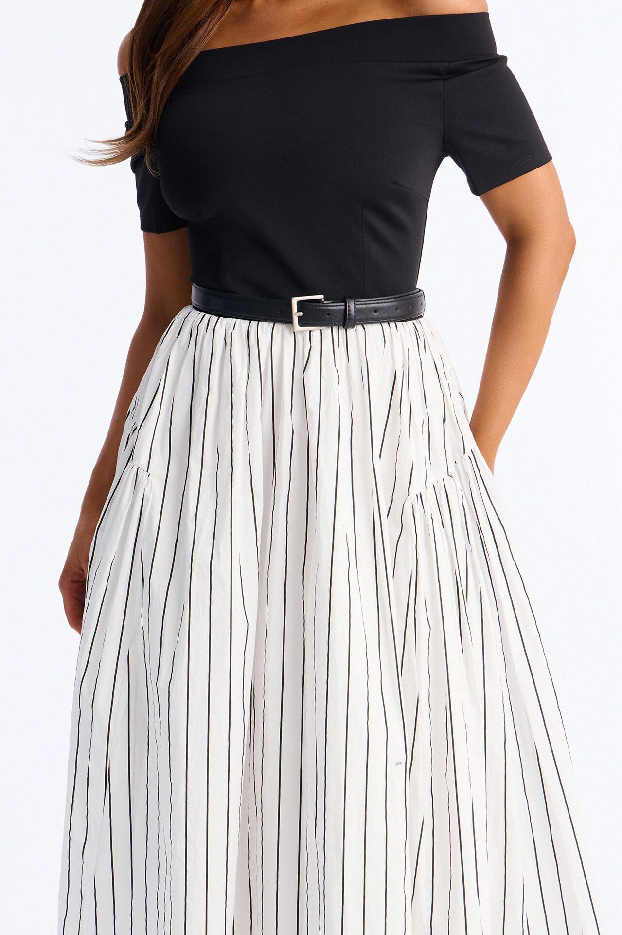 Harlow Pinstripe Midi Dress - Black/White