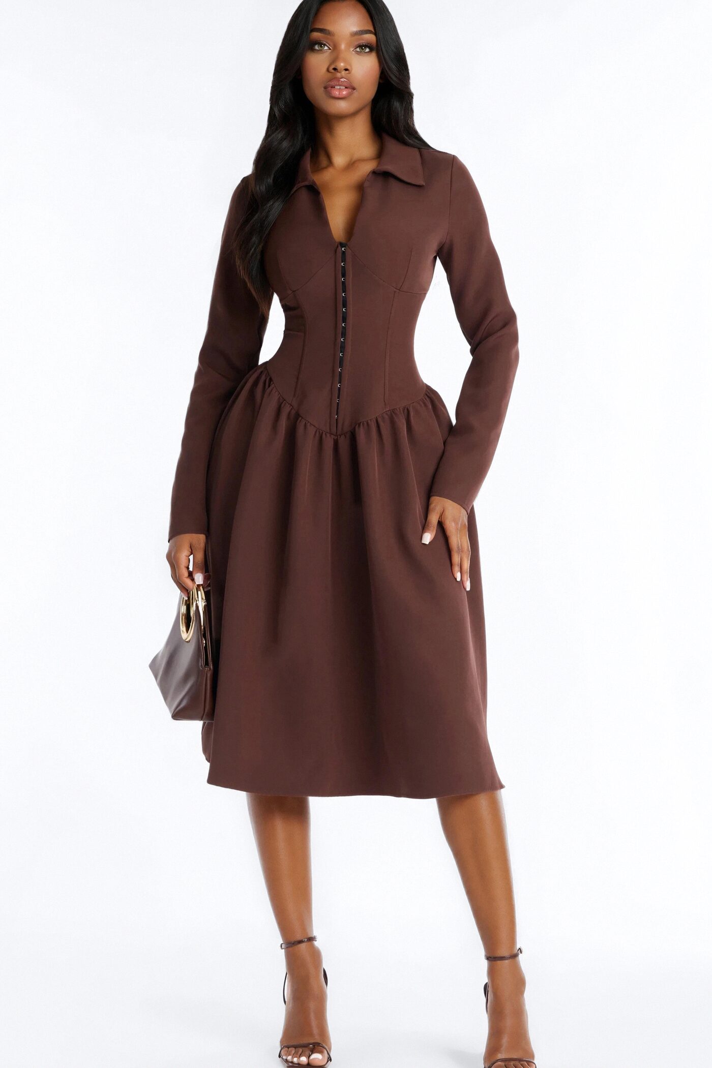 Paloma Corset Drop Waist Midi Dress - Brown