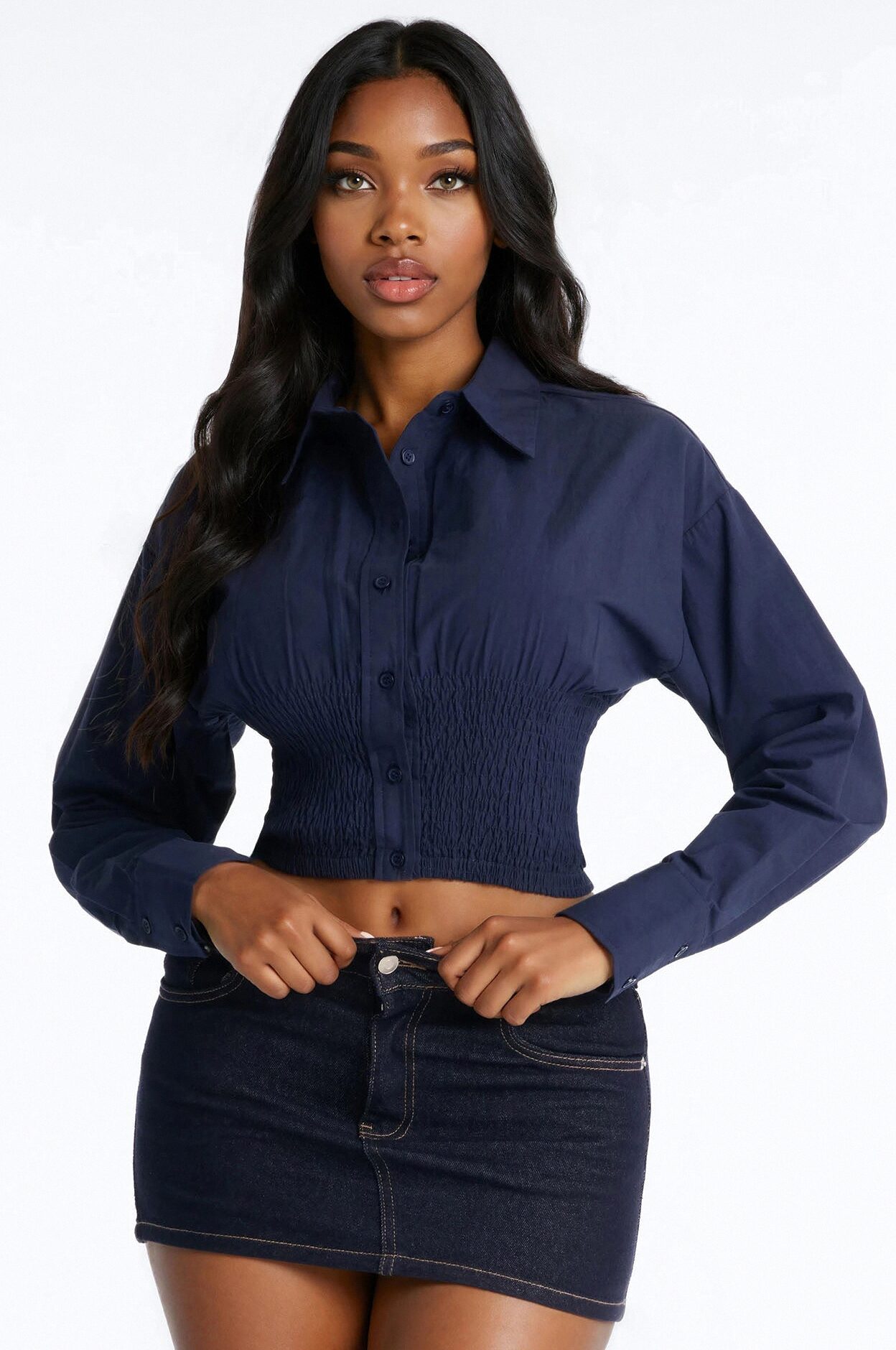 Better Perspective Smocked Poplin Shirt - Navy