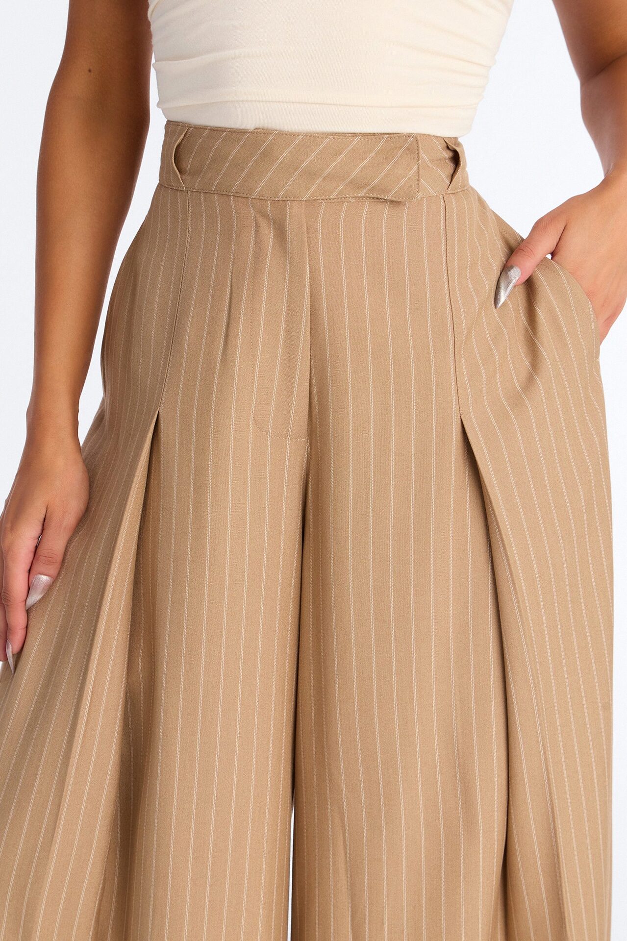 Catch A Break Pinstripe Wide Leg Pant 33″ - Taupe/combo