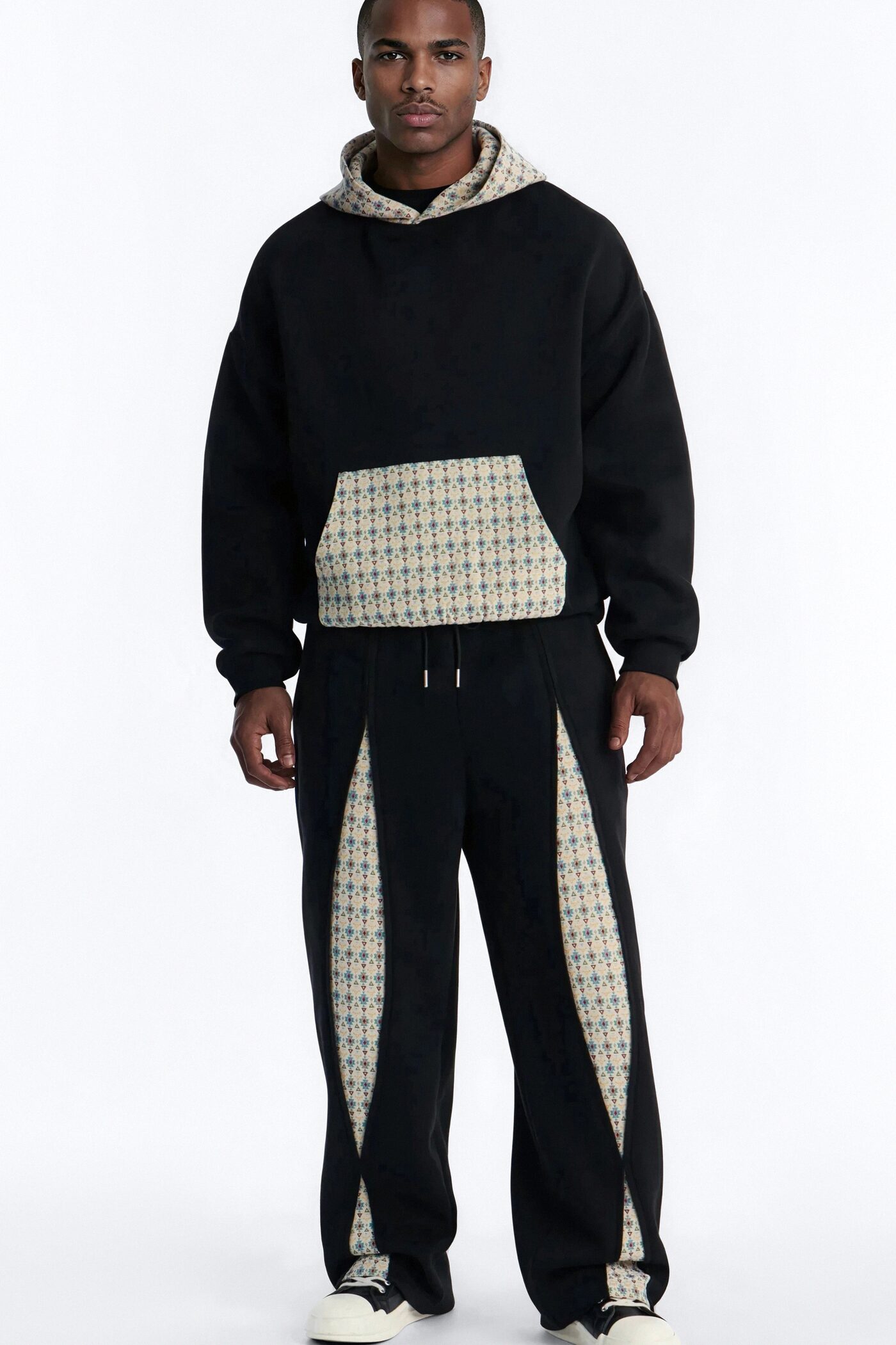Oversized Mixed Media Tapestry Paneled Hoodie - Black
