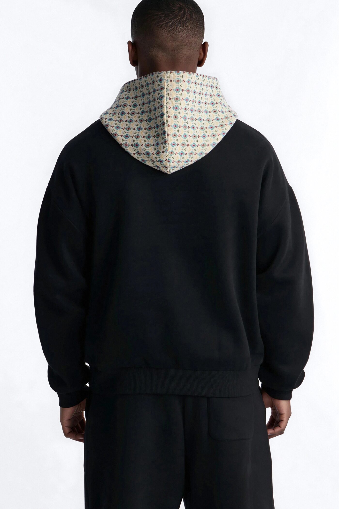 Oversized Mixed Media Tapestry Paneled Hoodie - Black