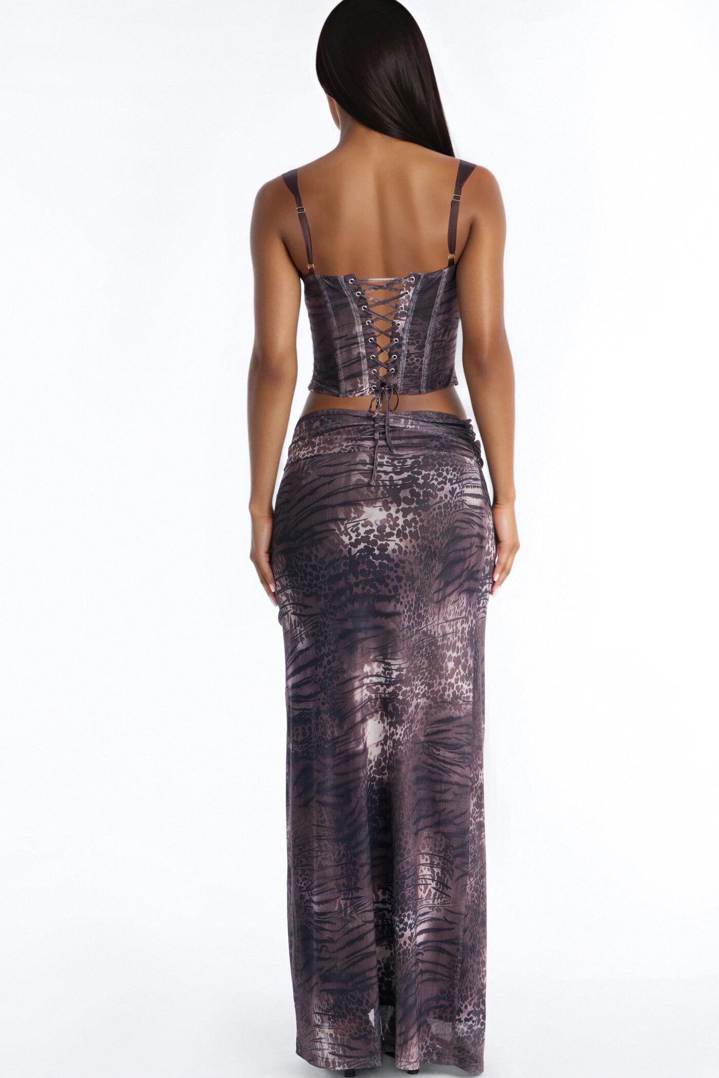 Miami Mami Corset Maxi Skirt Set - Brown/combo