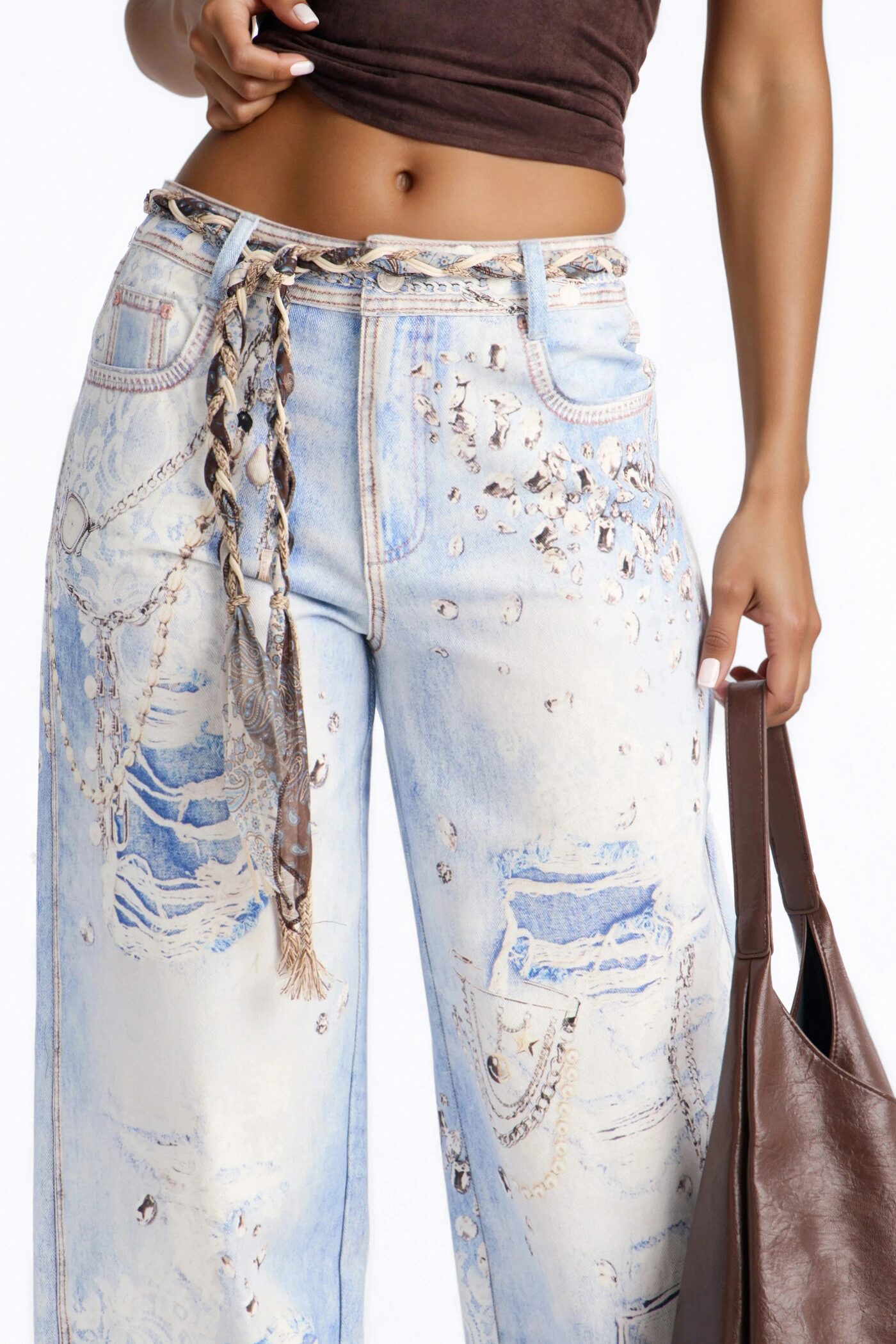 Marlowe Mid Rise Belted Wide Leg Pant 34″ - Blue/combo