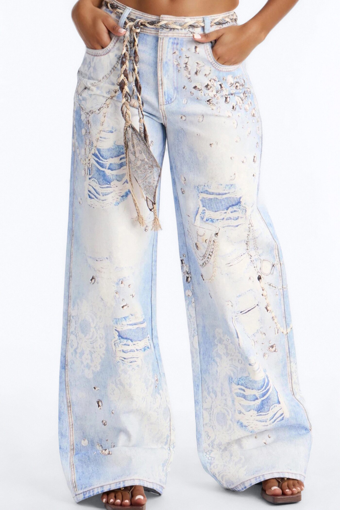 Marlowe Mid Rise Belted Wide Leg Pant 34″ - Blue/combo