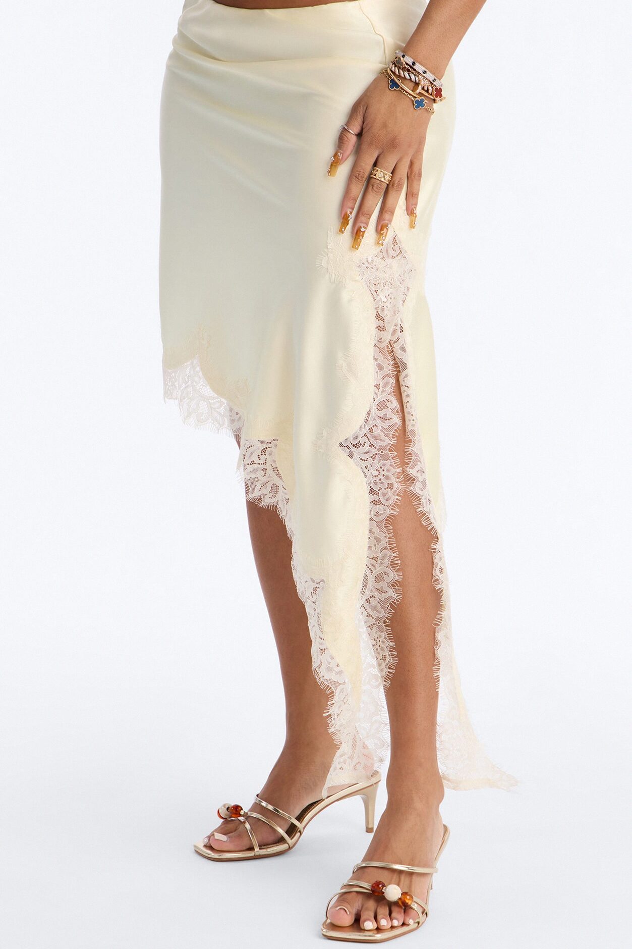 Juliette Asymmetrical Lace Trim Satin Midi Skirt - Butter Yellow